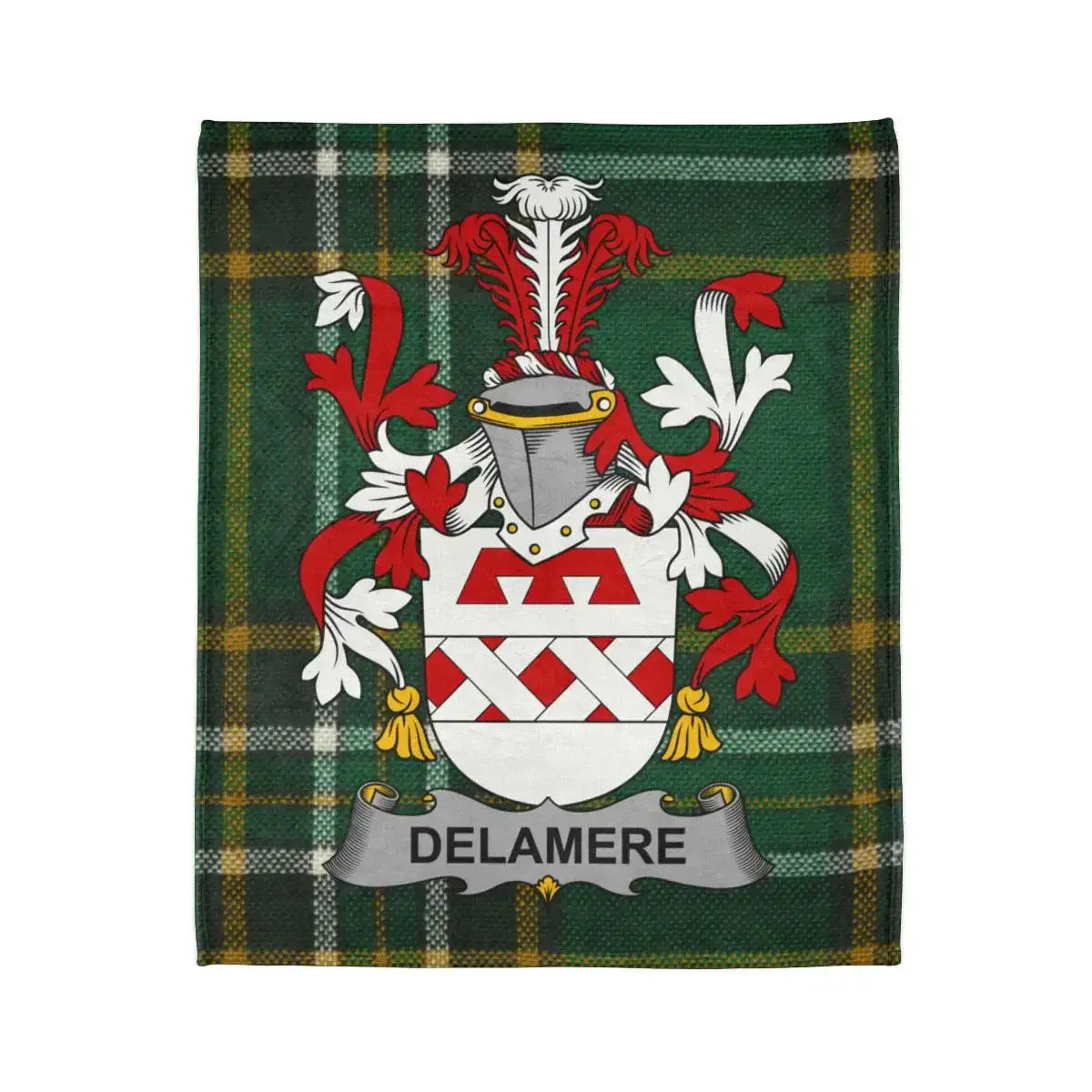 Delamere Family Crest Blanket with Tartan Background