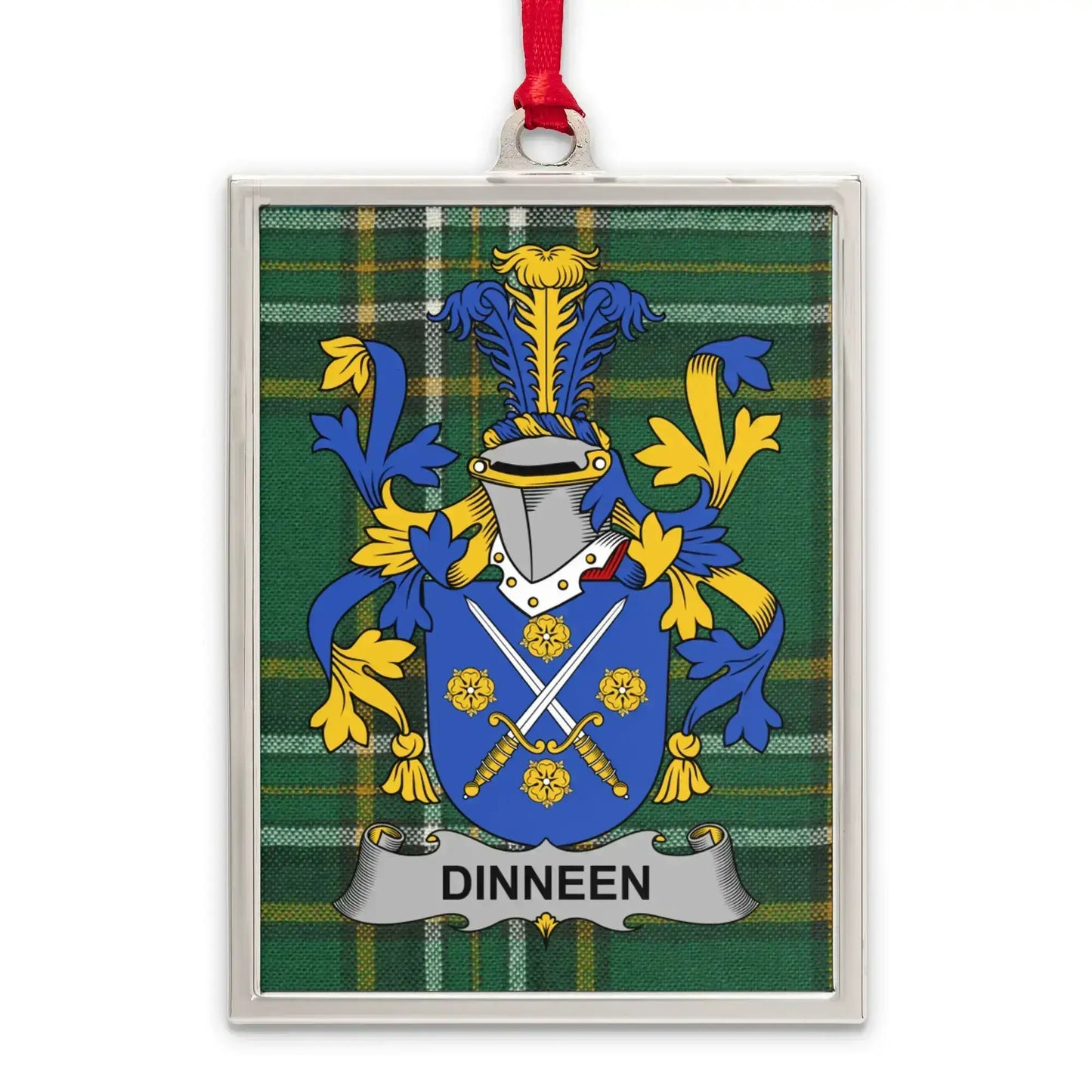 Dinneen Family Crest Coat of Arms Green Plaid Ornament product type