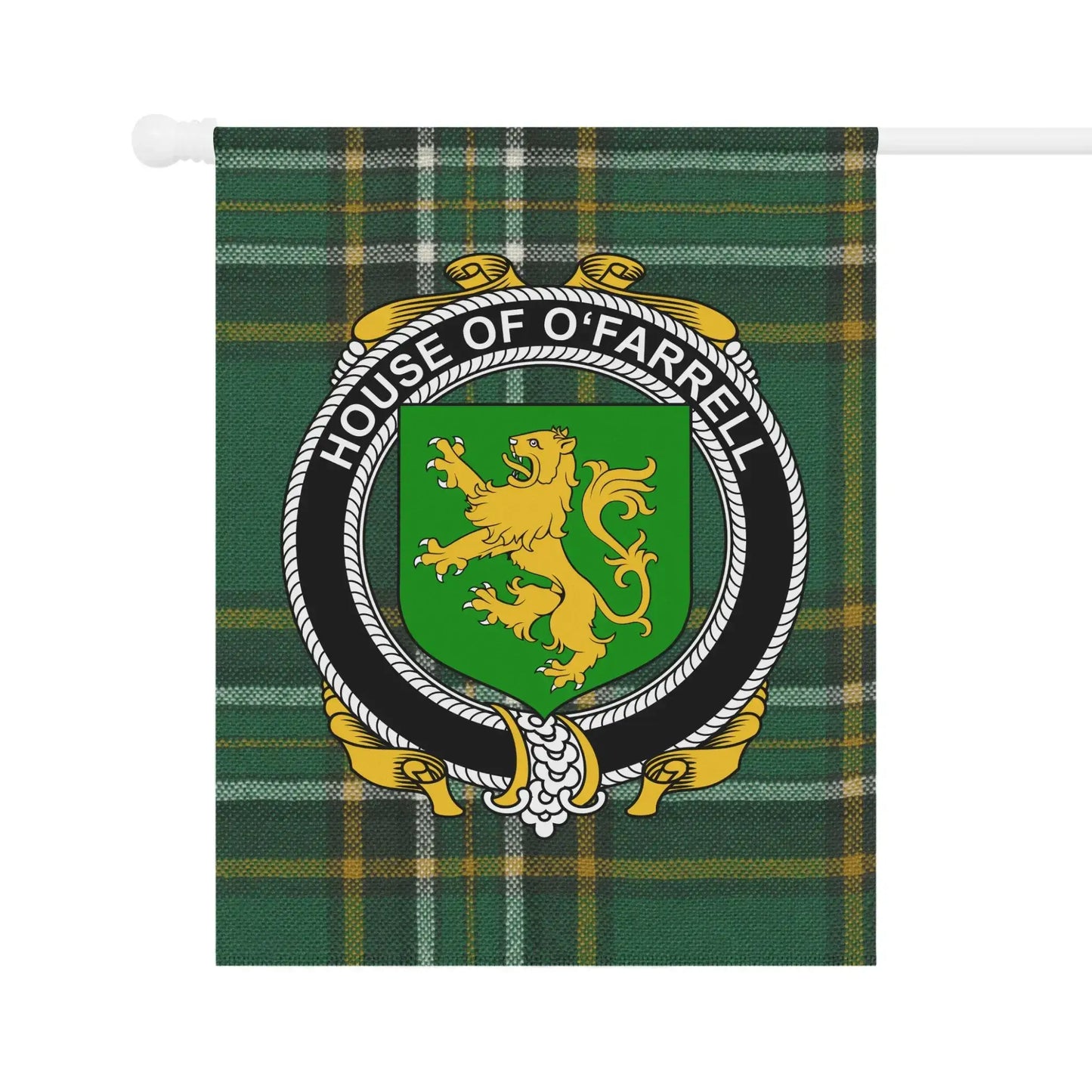 House of O'Farrell Lion Shield Green Plaid Banner