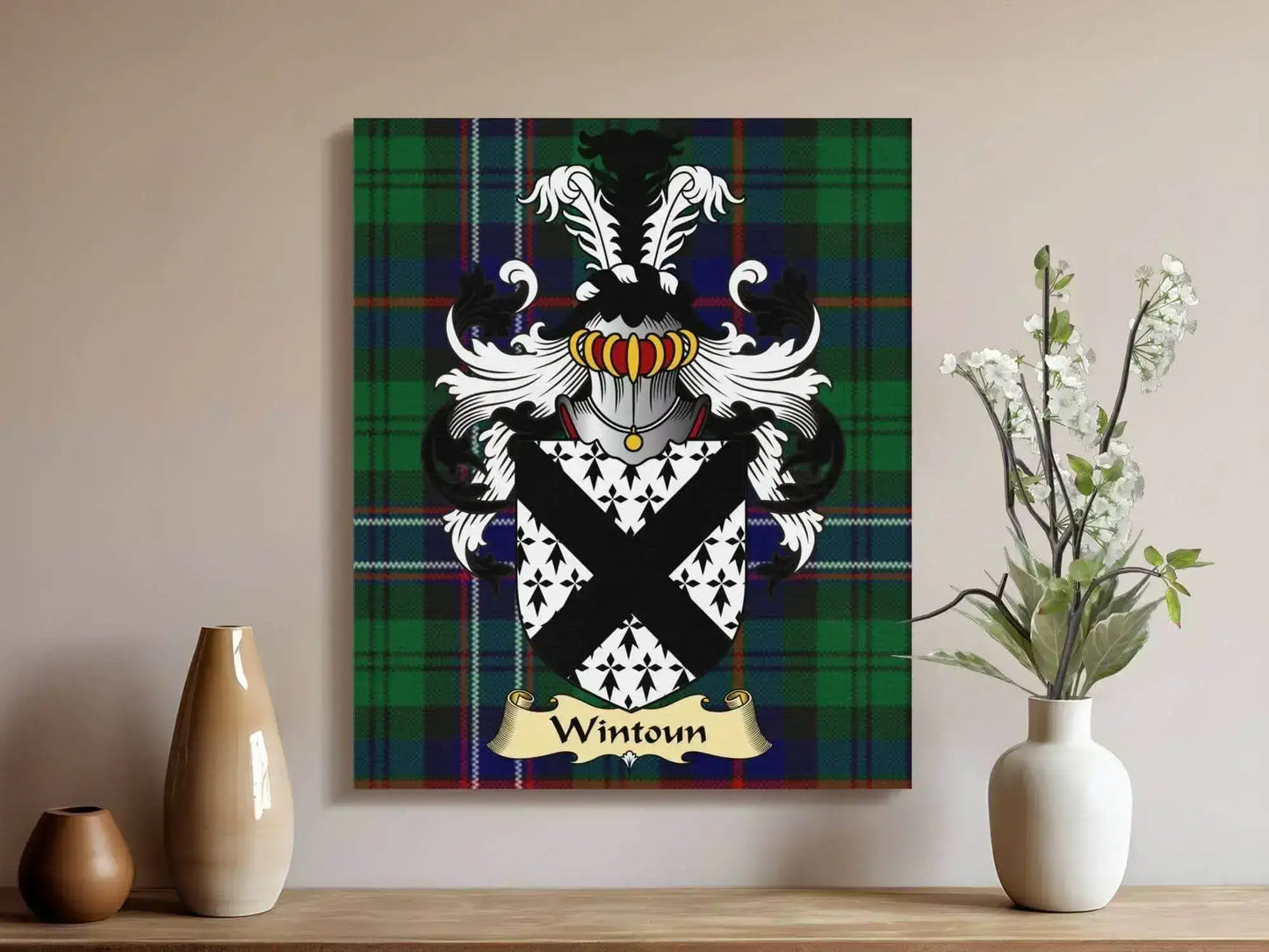 Wintoun Clan coat of arms on tartan canvas wall art with decorative white flowers and vases