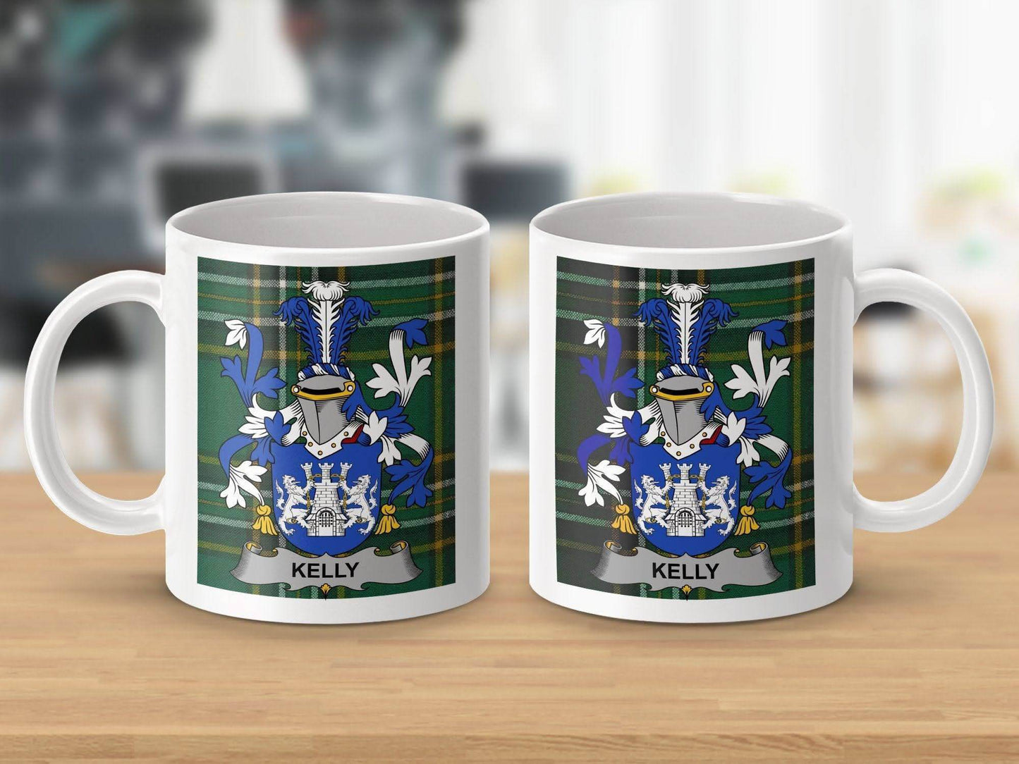 Kelly Surname Family Crest Irish National Tartan Mug - Celtic Ancestry Gifts