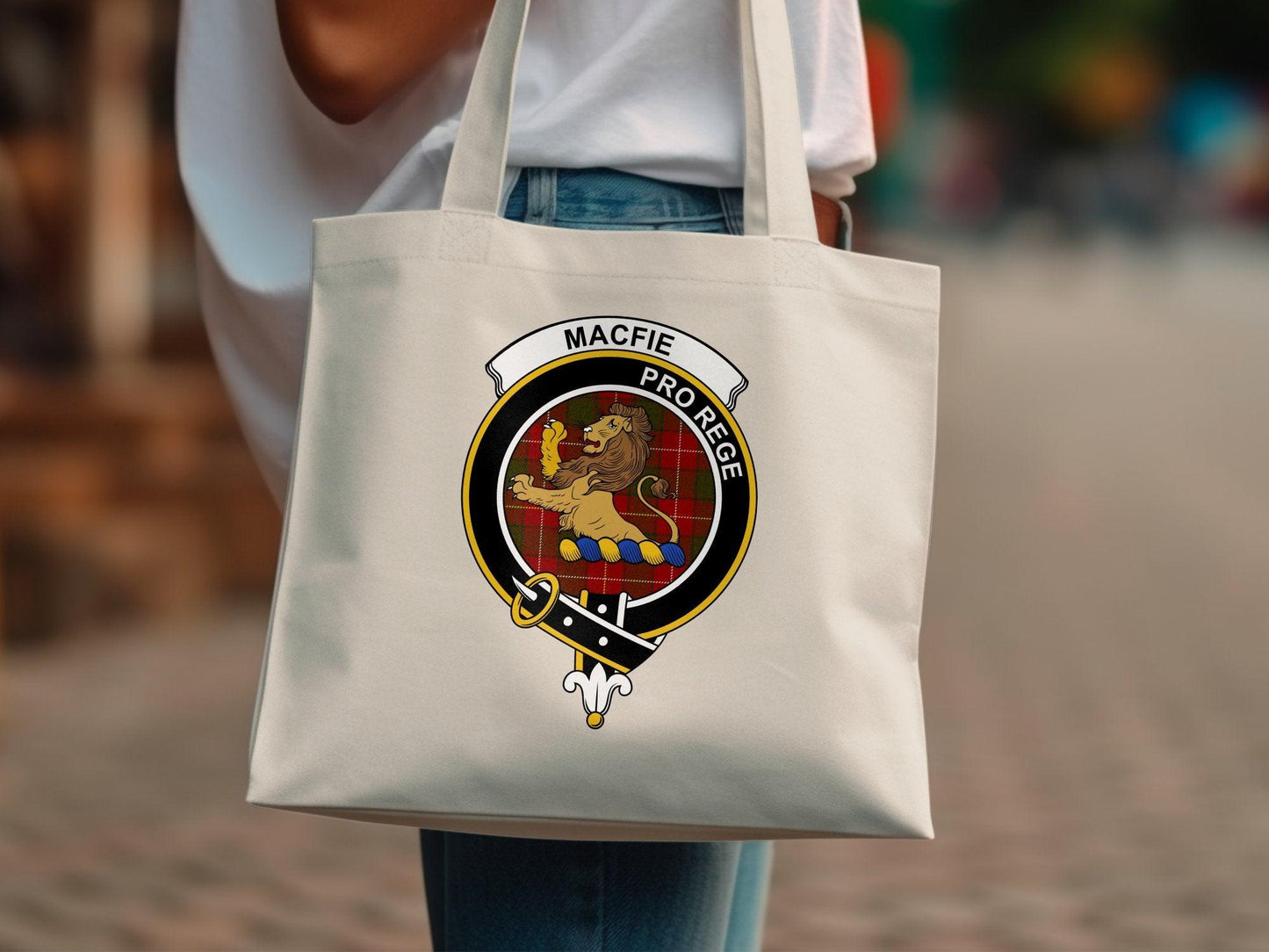MacFie Clan Crest Tote Bag, Scottish Lion Heraldry, Durable Canvas Shoulder Bag, Unique Family Heritage Gift