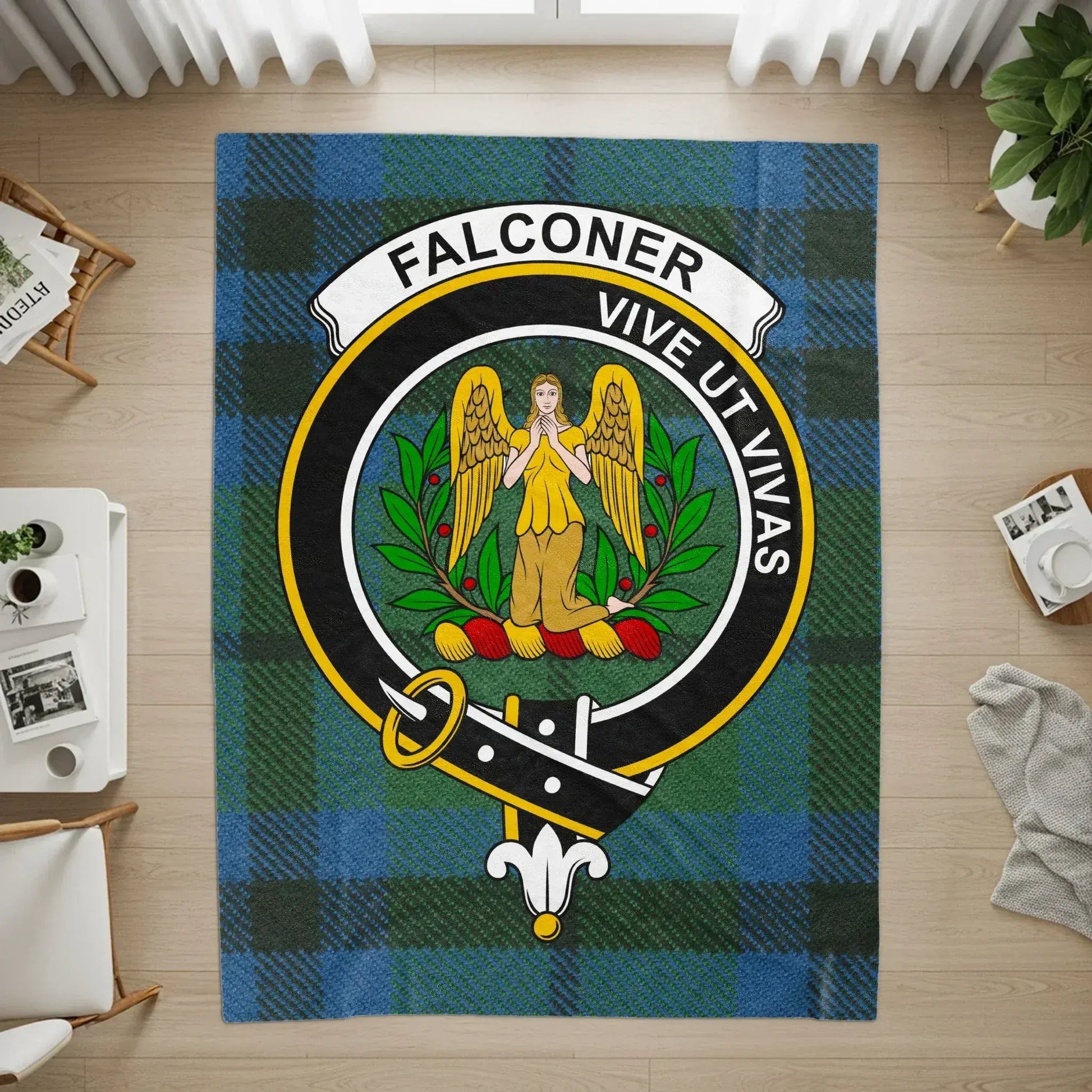 Falconer Vive Ut Vivas Crest on Blue Plaid Rug product type