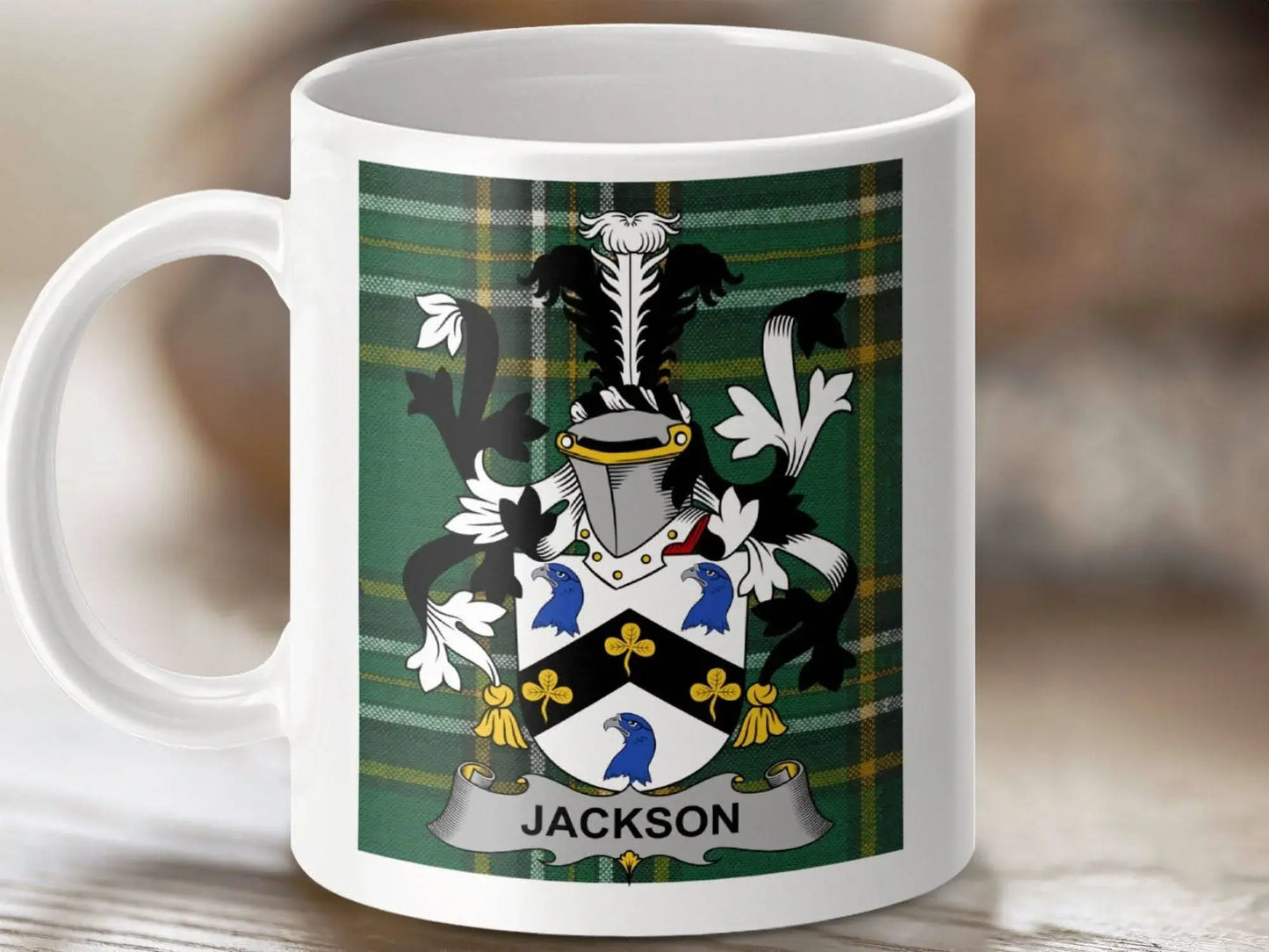 Jackson Surname Irish National Tartan Crest Mug - Celtic Ancestry Gifts