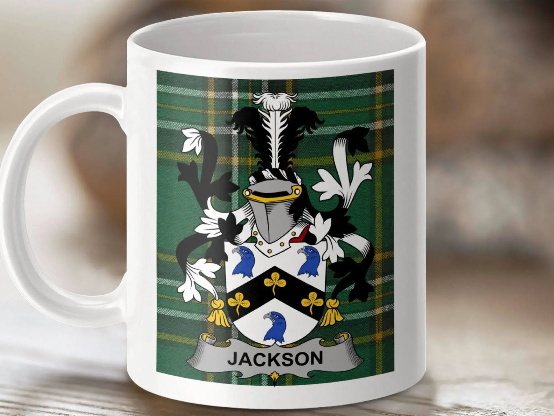 Jackson Surname Irish National Tartan Crest Mug - Celtic Ancestry Gifts
