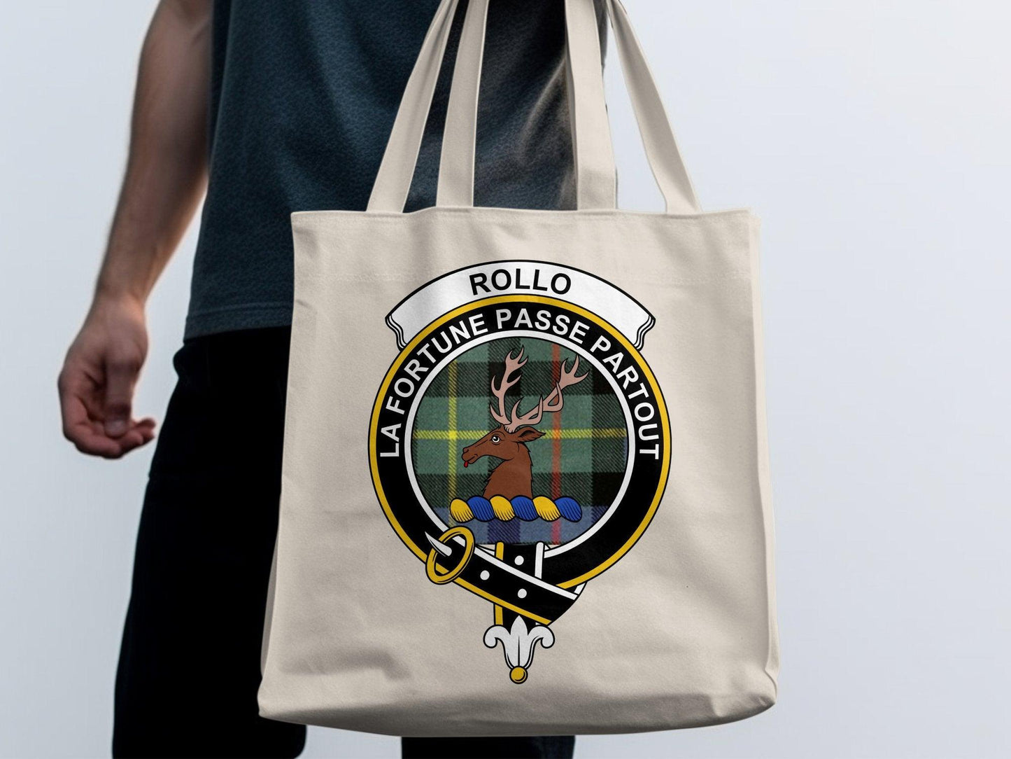 Rollo Scottish Clan Crest Tartan Tote Bags - Celtic Ancestry Gifts