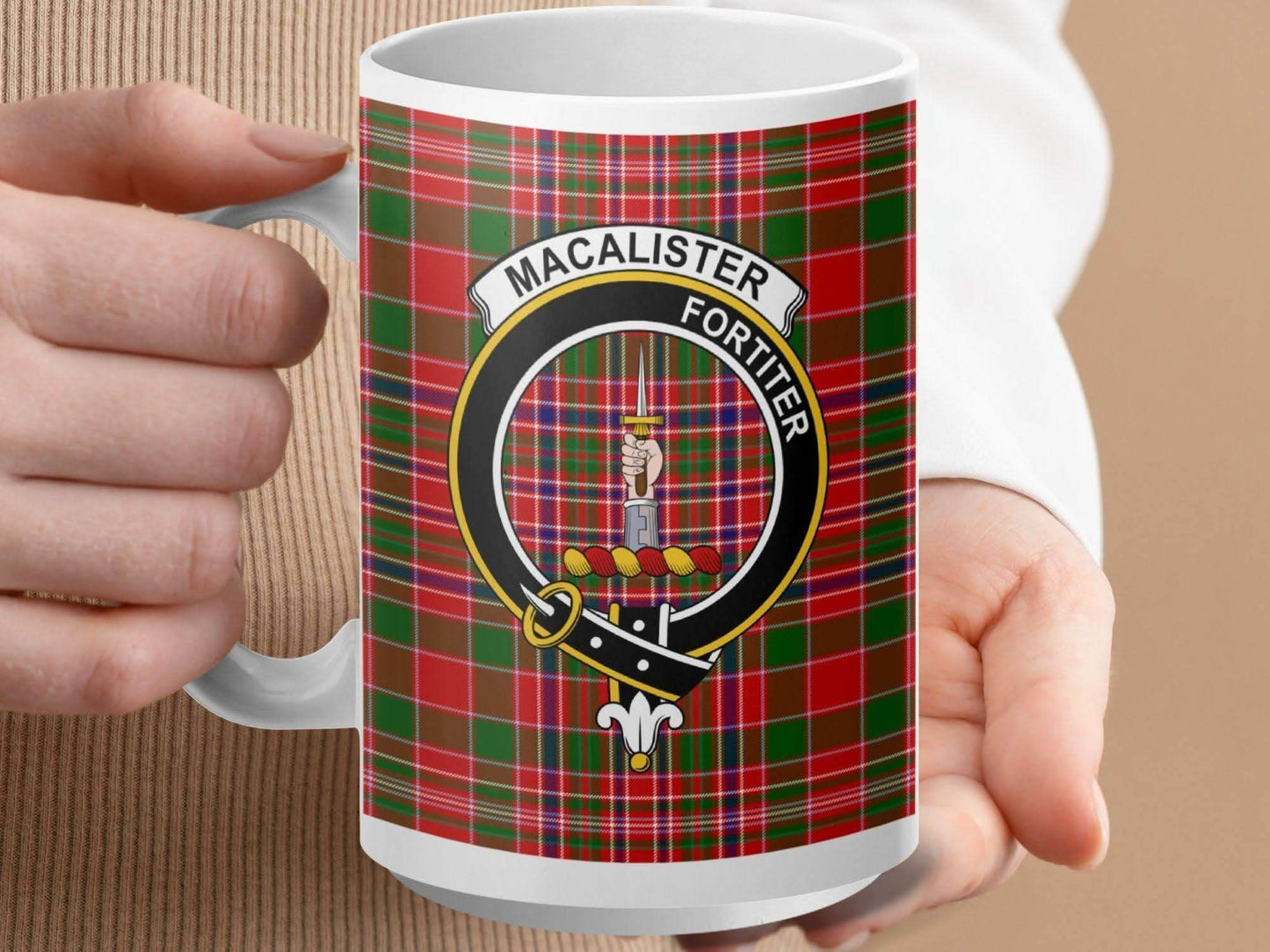 Macalister Fortiter Text Crest Tartain Design Mug Product