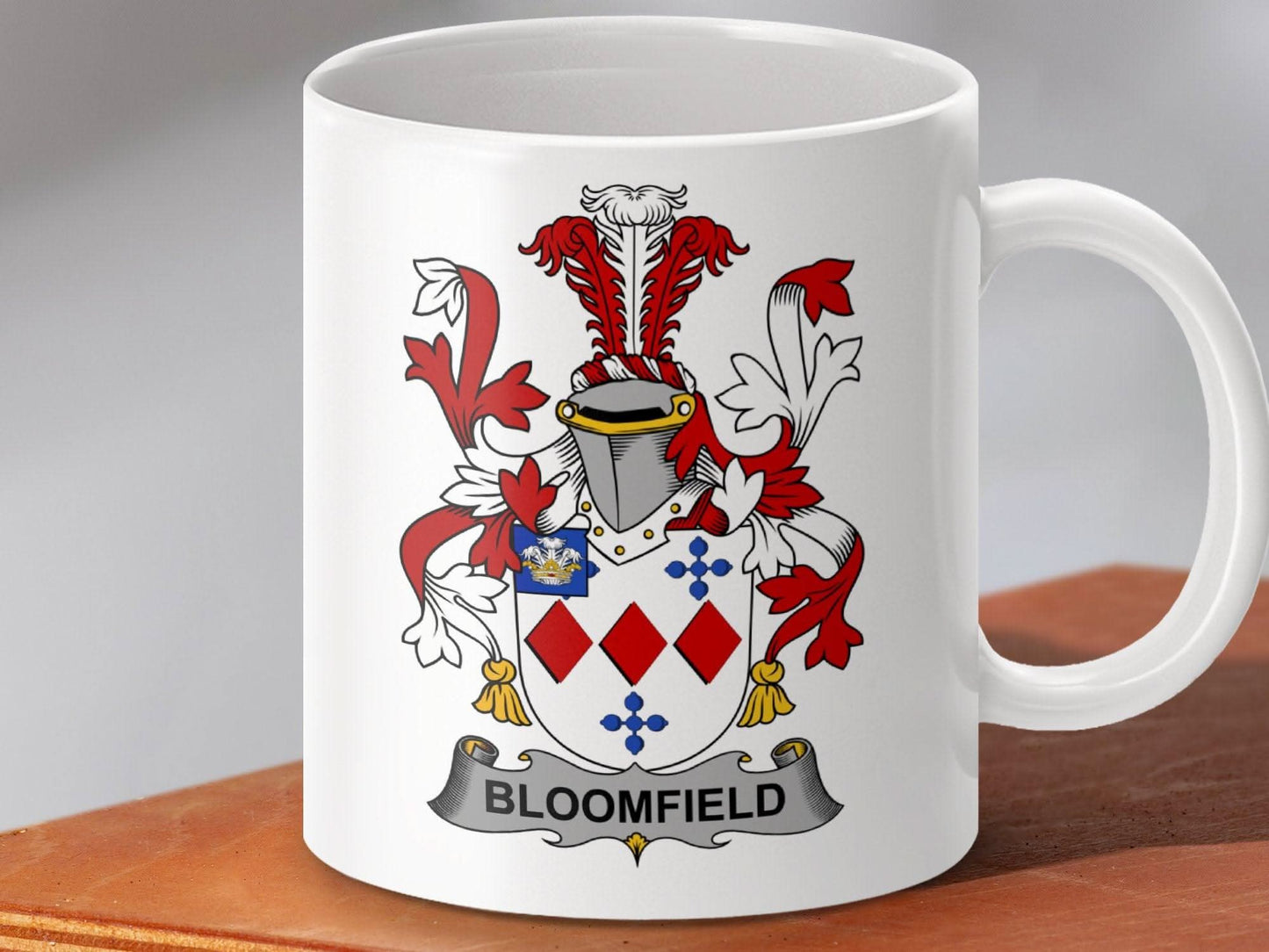 Bloomfield Family Crest Red and White Mug - Celtic Ancestry Gifts