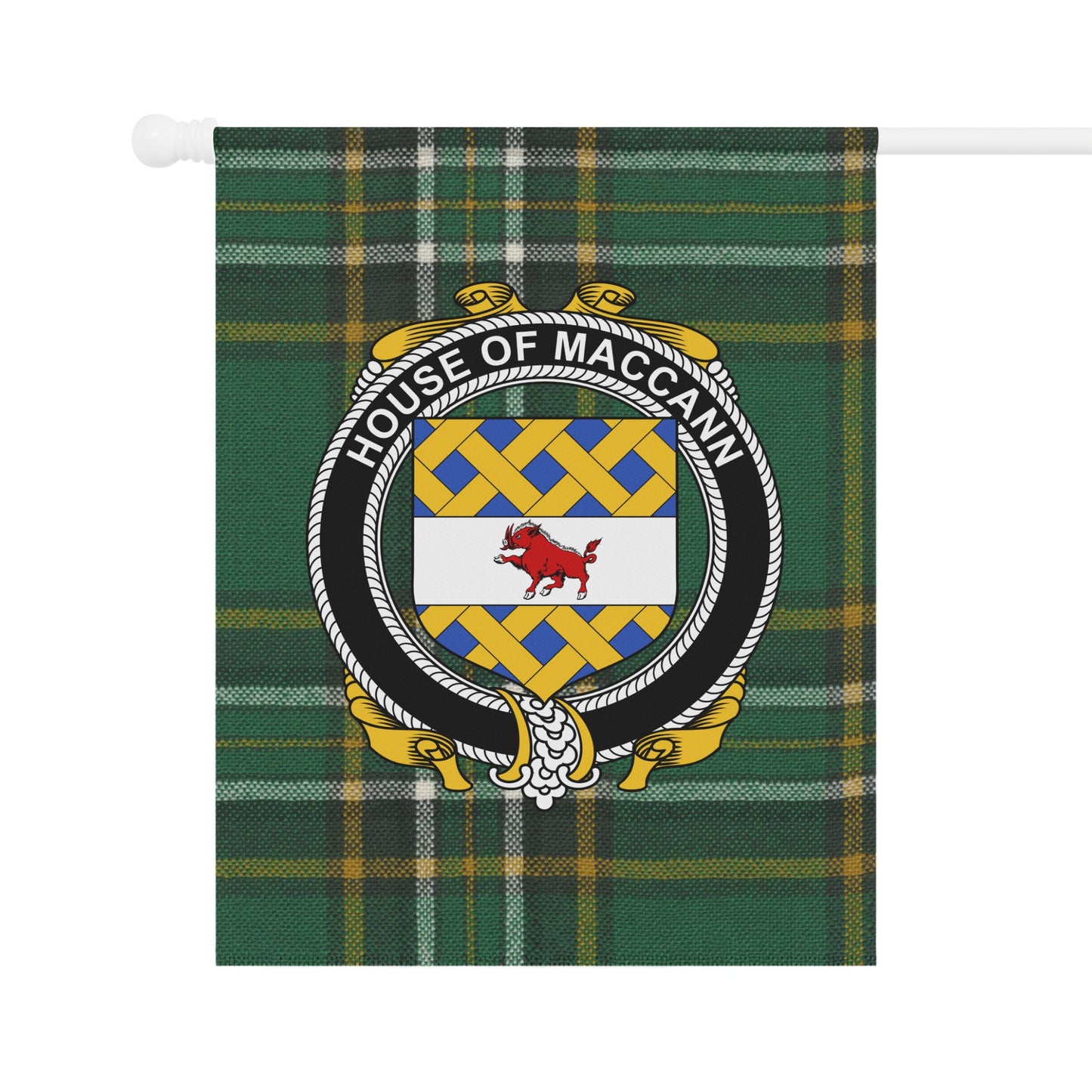 House of Maccann Crest on Green Tartan Flag Product