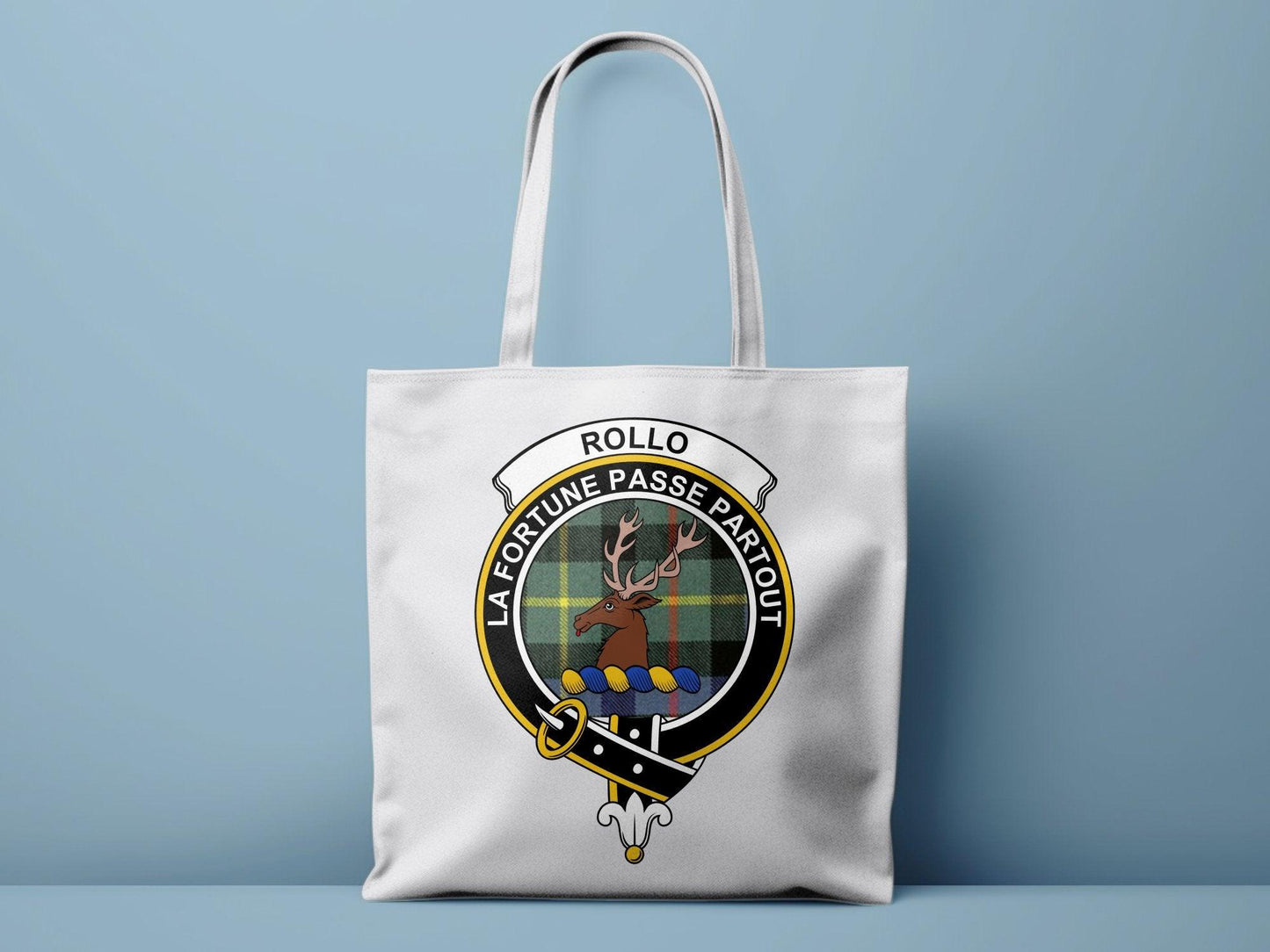 Rollo Scottish Clan Crest Tartan Tote Bags - Celtic Ancestry Gifts