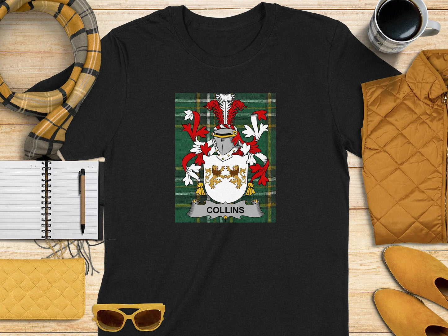 Collins Coat of Arms on Irish National Tartan T-Shirt - Celtic Ancestry Gifts