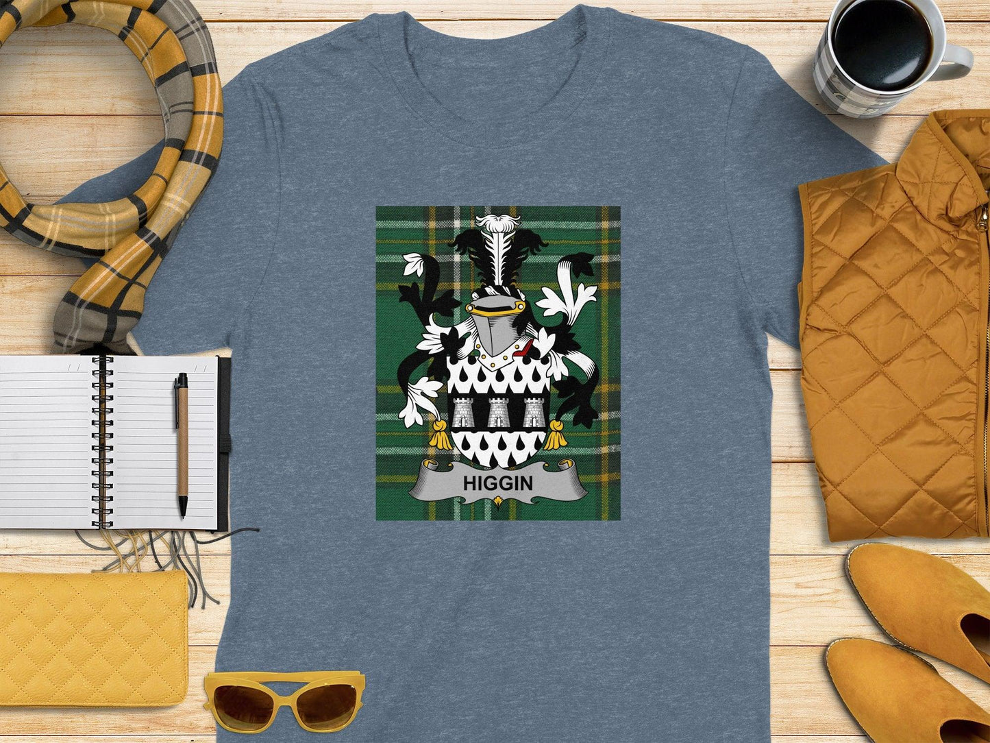 Higgin Irish Family Crest on National Tartan T-Shirt - Celtic Ancestry Gifts
