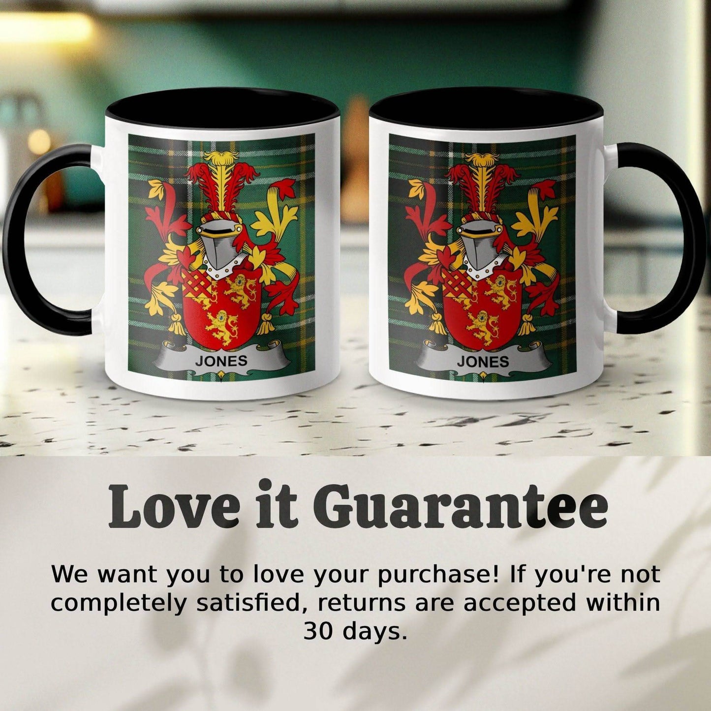Jones Surname Family Crest on Irish Tartan Pattern Mug - Celtic Ancestry Gifts