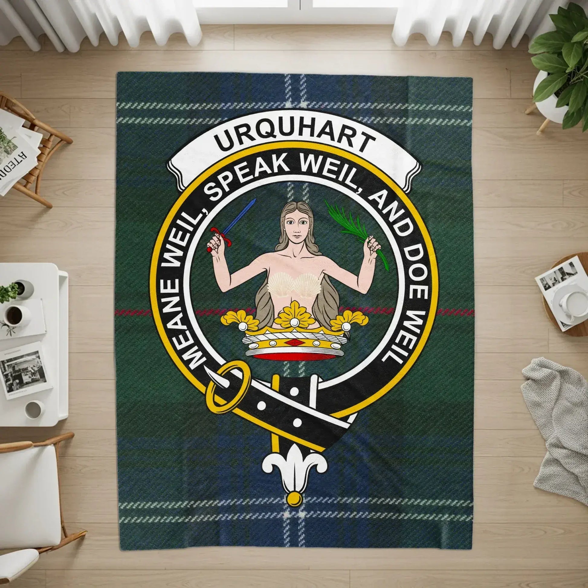 Urquhart Clan Tartan Plaid with Crest Design Rug product
