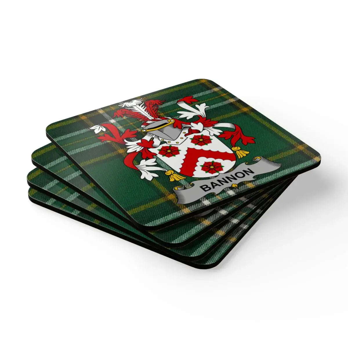 Bannon Family Crest On Tartan Plaid Coasters product