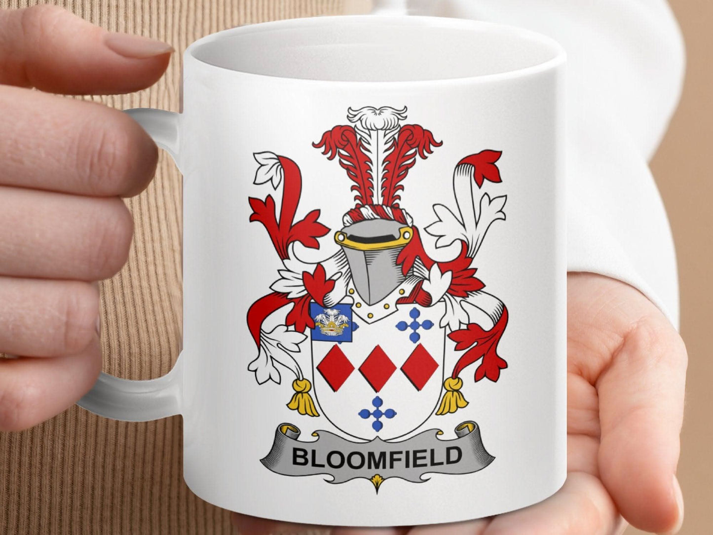 Bloomfield Family Crest Red and White Mug - Celtic Ancestry Gifts