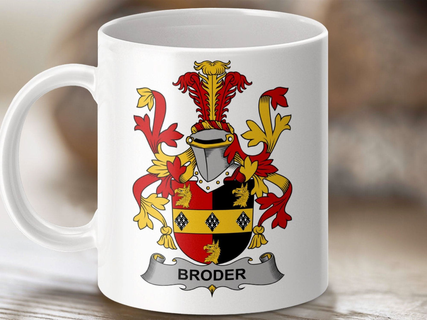 Broder Surname Irish Family Crest Design Printed Mug - Celtic Ancestry Gifts