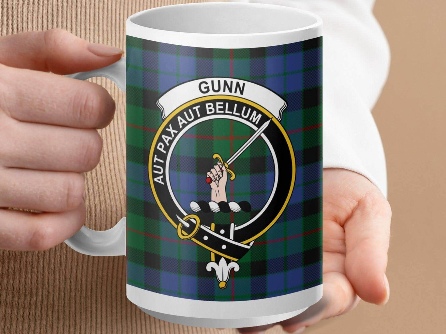 Gunn Family Crest Plaid Background Mug product