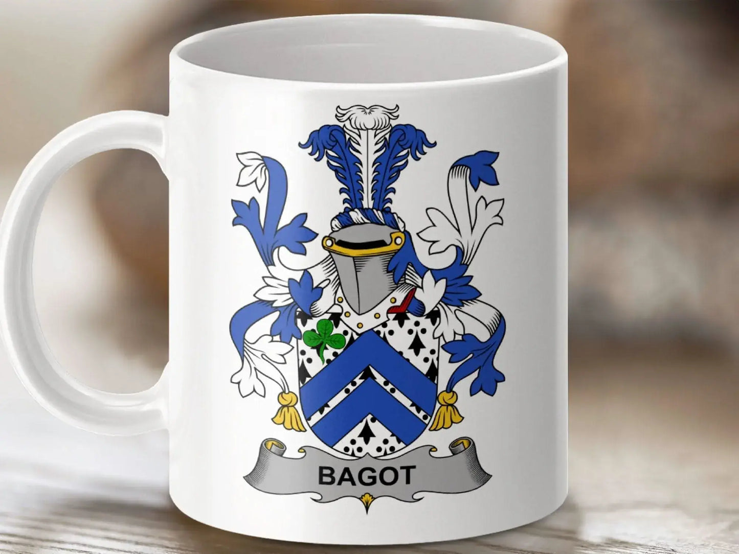 Bagot Irish Surname Family Crest Coat of Arms Mug - Celtic Ancestry Gifts