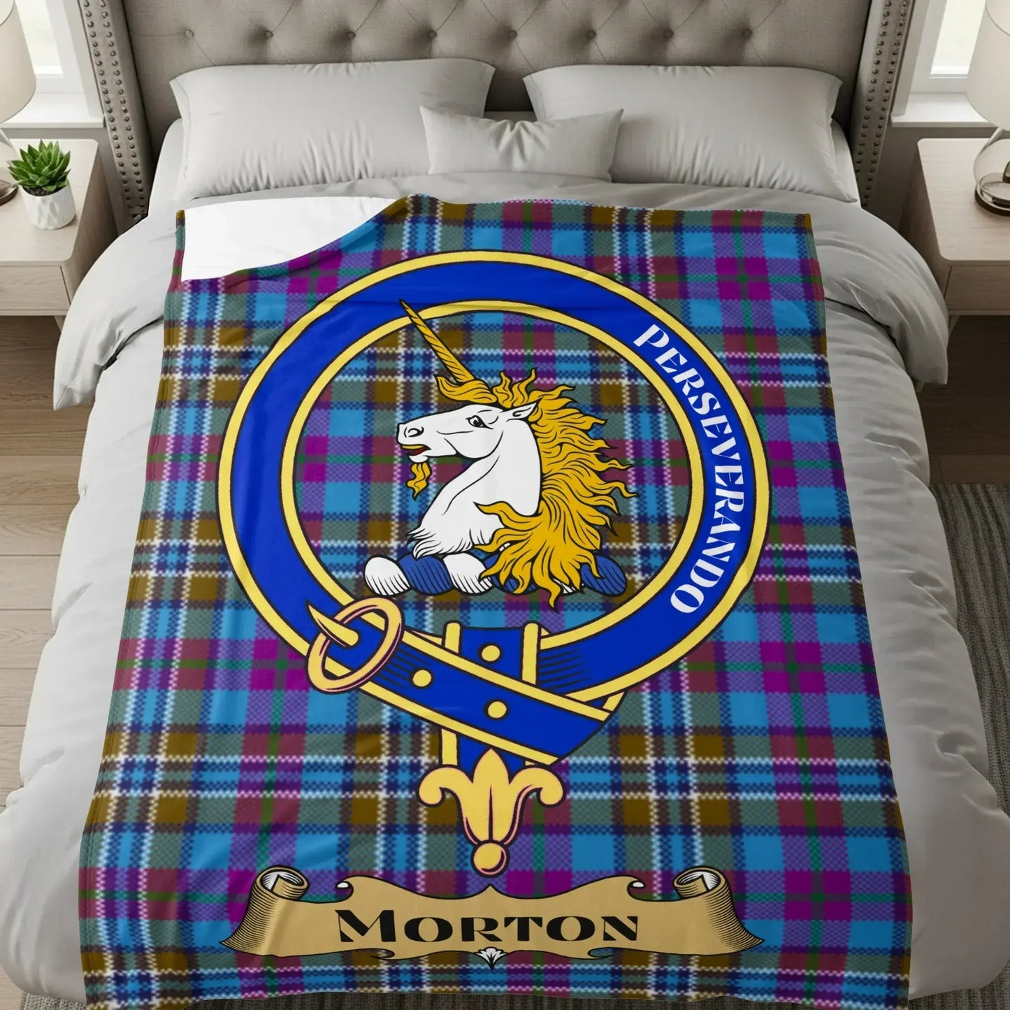 Morton Coat of Arms Perseverando Unicorn Blanket product