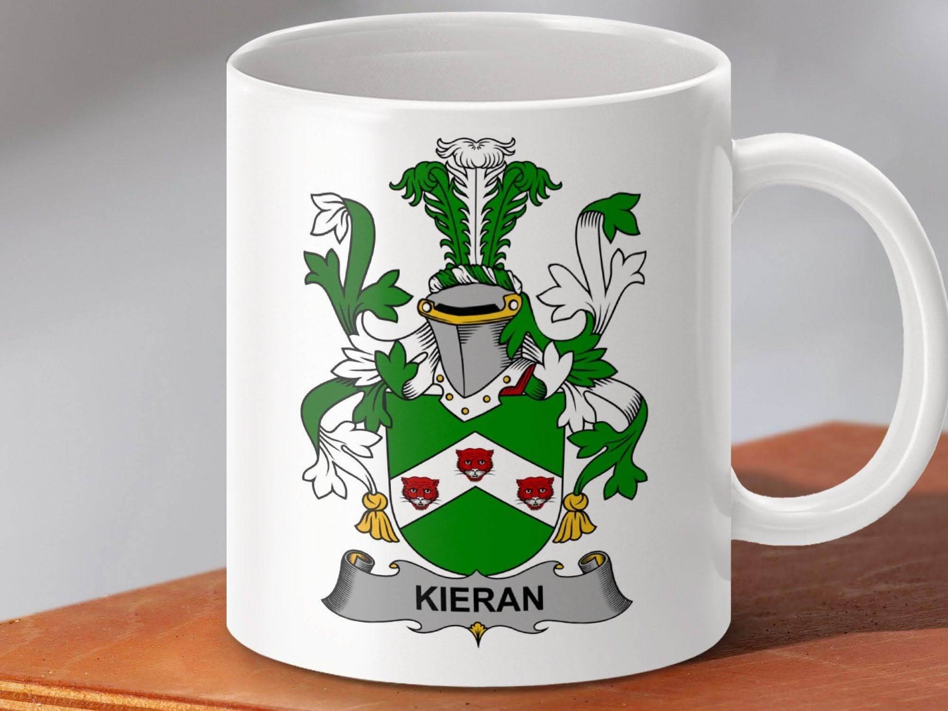 Kieran Family Irish Coat of Arms With Crest Surname Mug - Celtic Ancestry Gifts