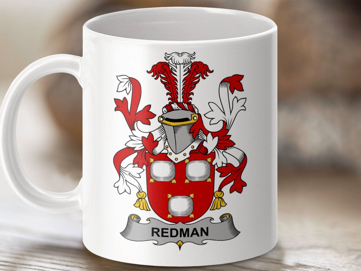 Redman Family Crest Heraldic Emblem Design Mug - Celtic Ancestry Gifts