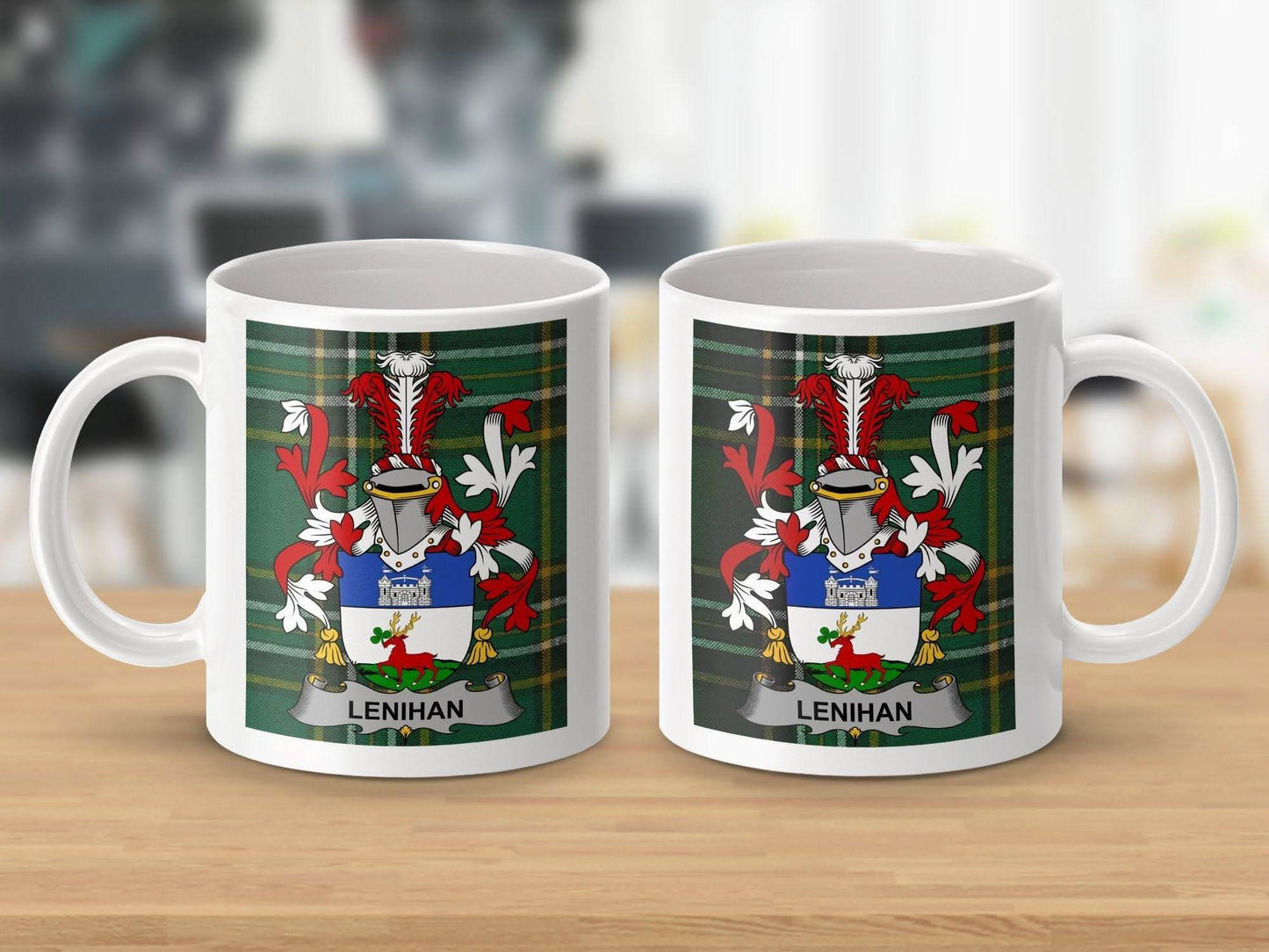 Lenihan Surname Family Crest on Irish Tartan Mug - Celtic Ancestry Gifts