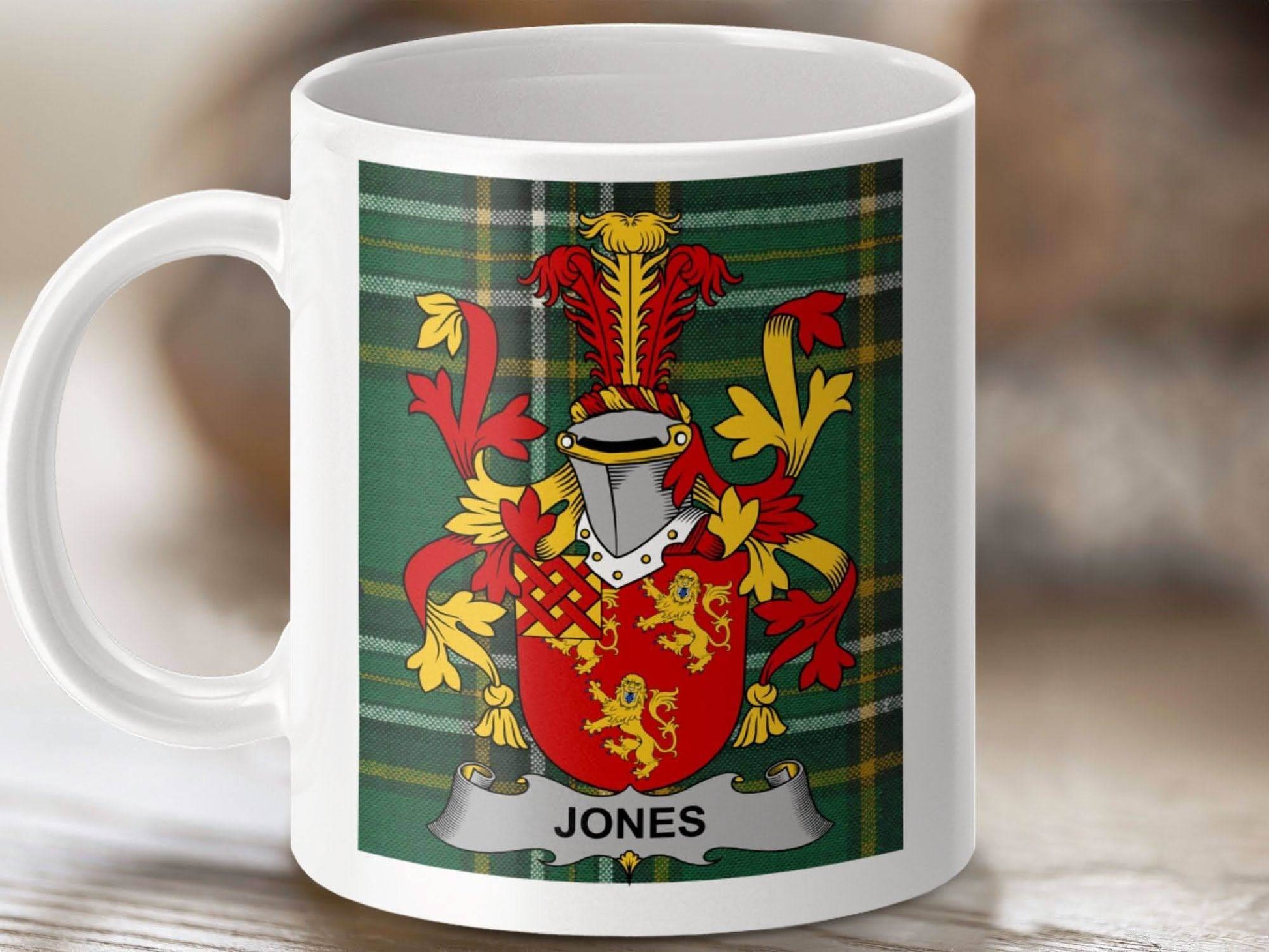 Jones Surname Family Crest on Irish Tartan Pattern Mug - Celtic Ancestry Gifts