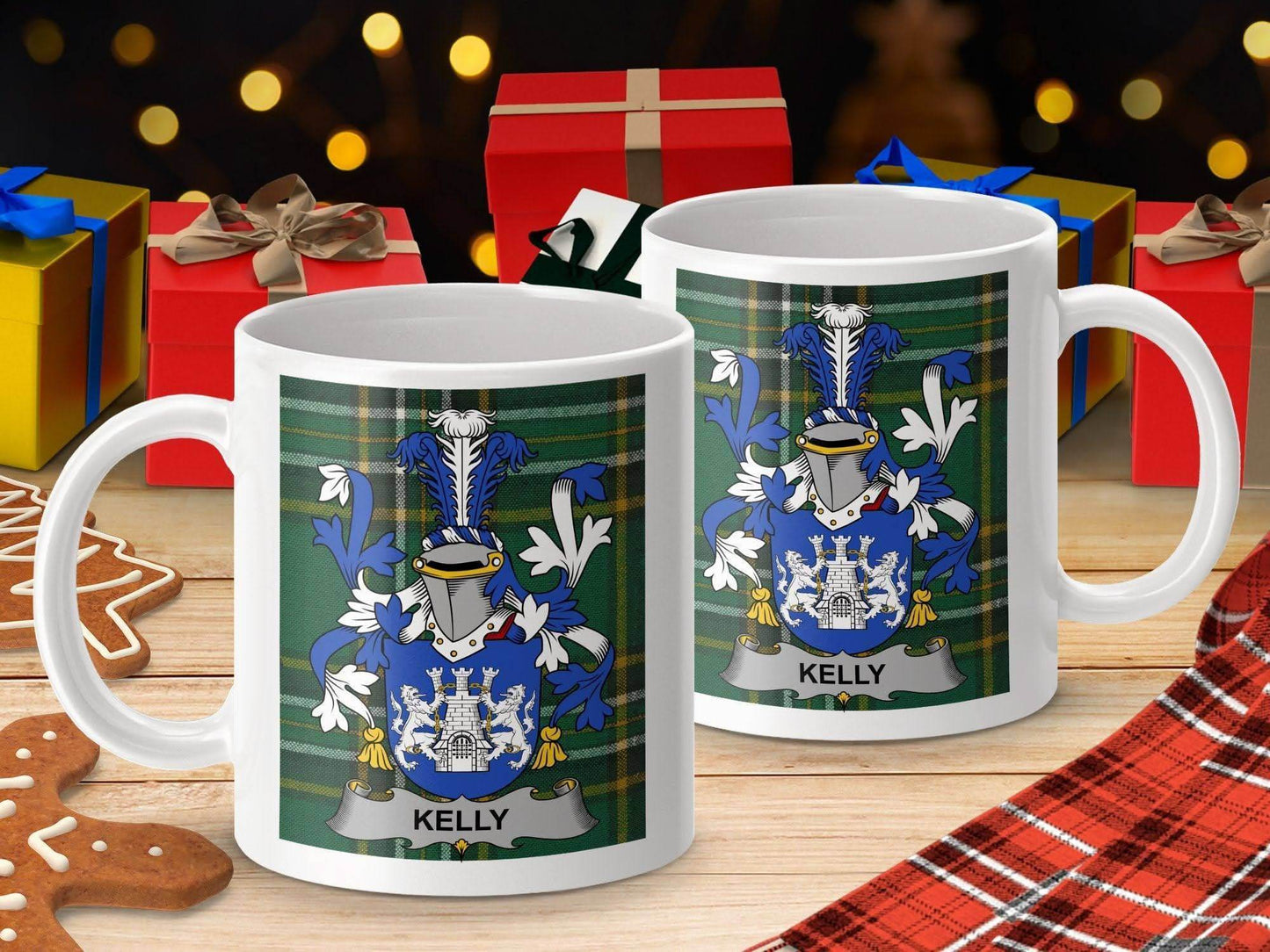 Kelly Surname Family Crest Irish National Tartan Mug - Celtic Ancestry Gifts