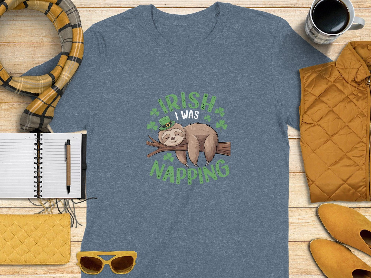 Cute Irish Napping Sloth Graphic Printed on T-shirt - Celtic Ancestry Gifts