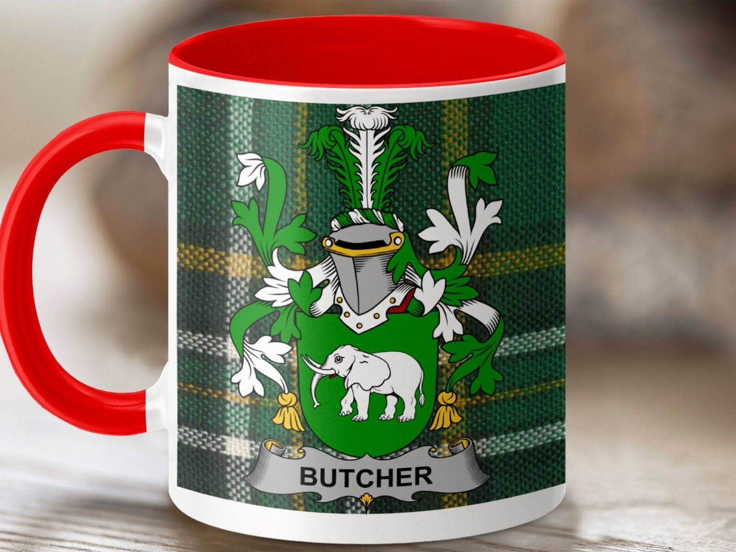 Butcher Surname Family Crest Irish Tartan Mug - Celtic Ancestry Gifts