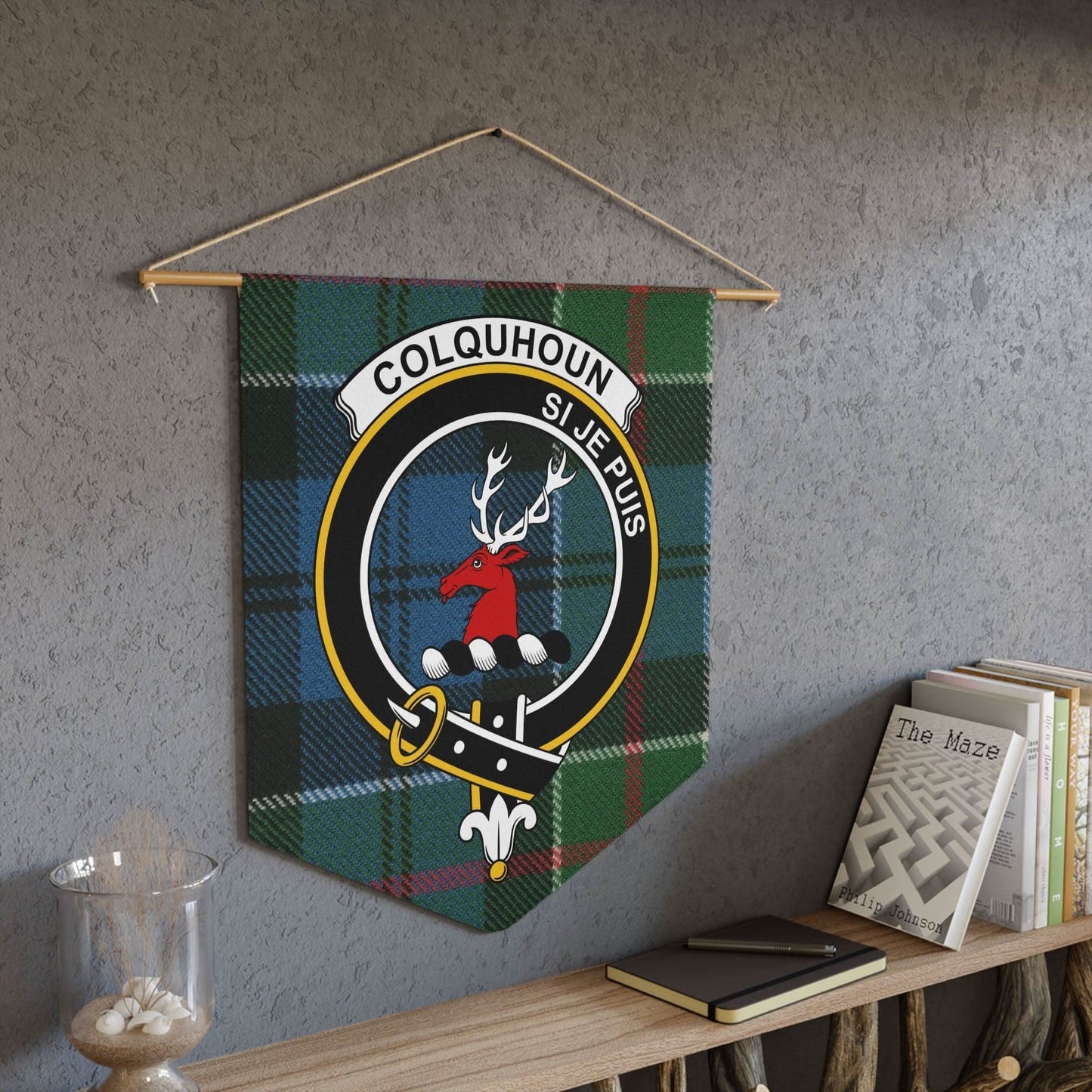 Colquhoun Clan Síol Cumhais Deer and Swords Wall Pennant - Celtic Ancestry Gifts