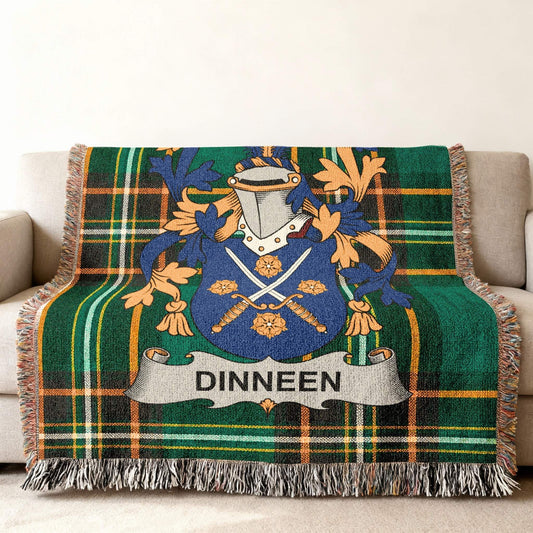 DINNEEN Family Crest Plaid Tartan Green Orange Fringed Throw product type