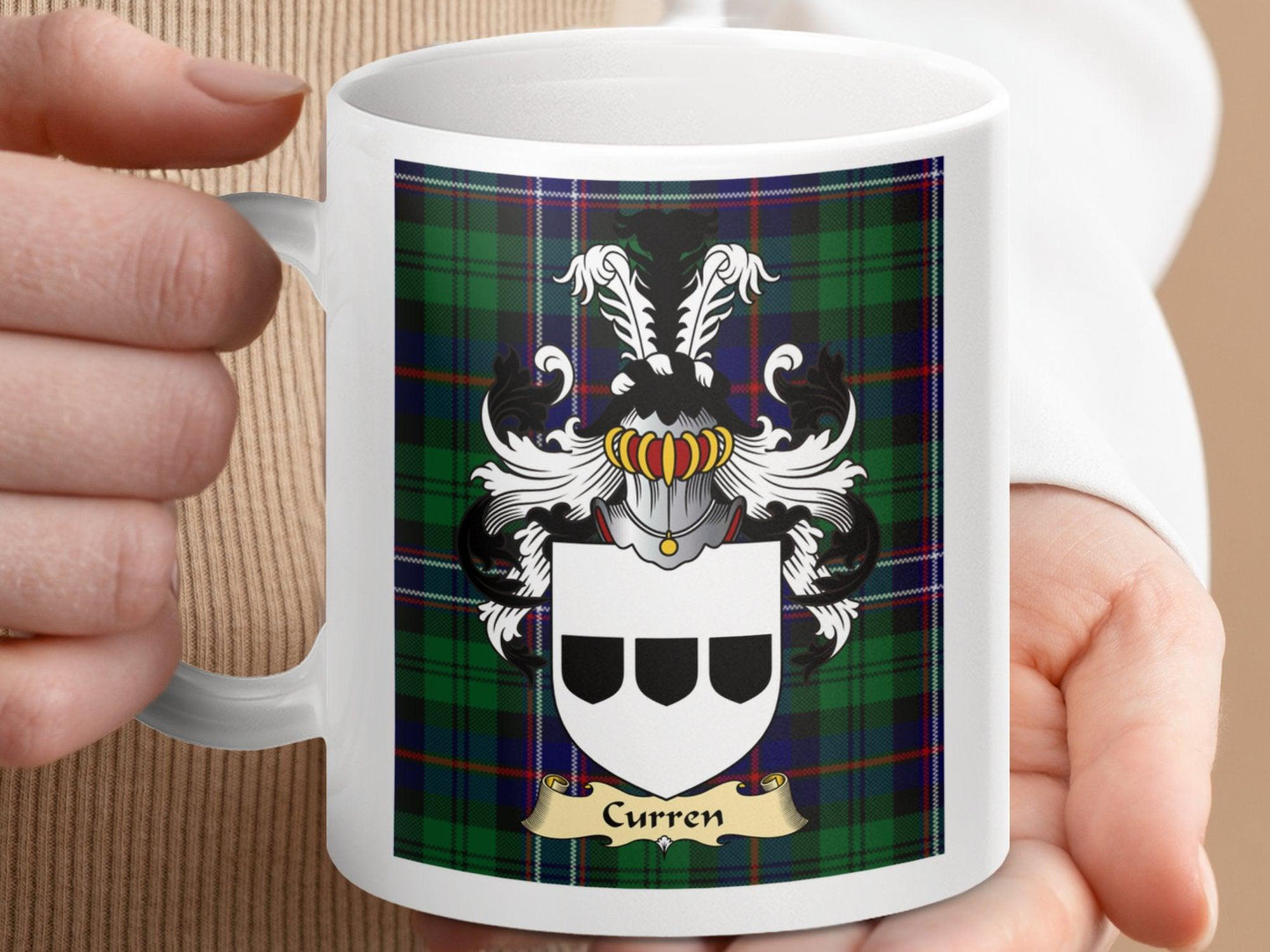 Curren Clan Coat Of Arms On Scottish Tartan T-Shirts - Celtic Ancestry Gifts