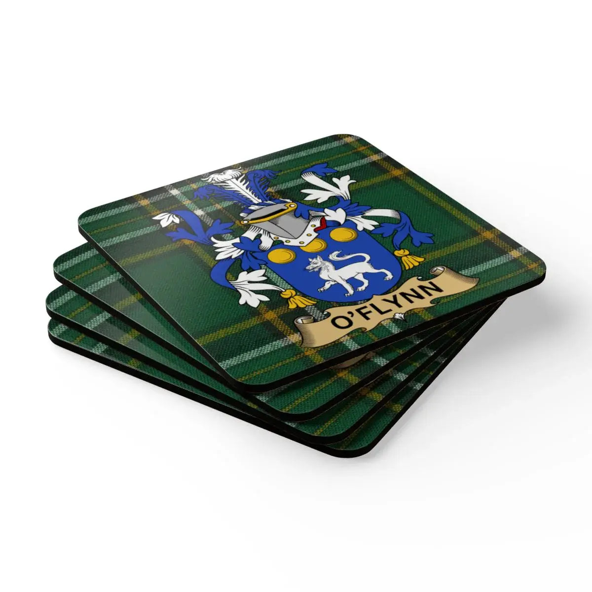 O'Flynn Family Crest on Scottish Tartan Coasters product type