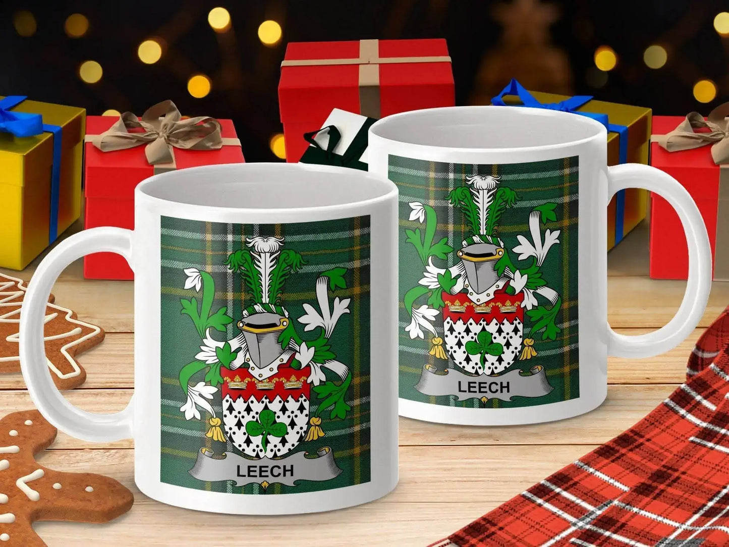 Leech Surname Family Crest Irish Tartan Background Mug - Celtic Ancestry Gifts