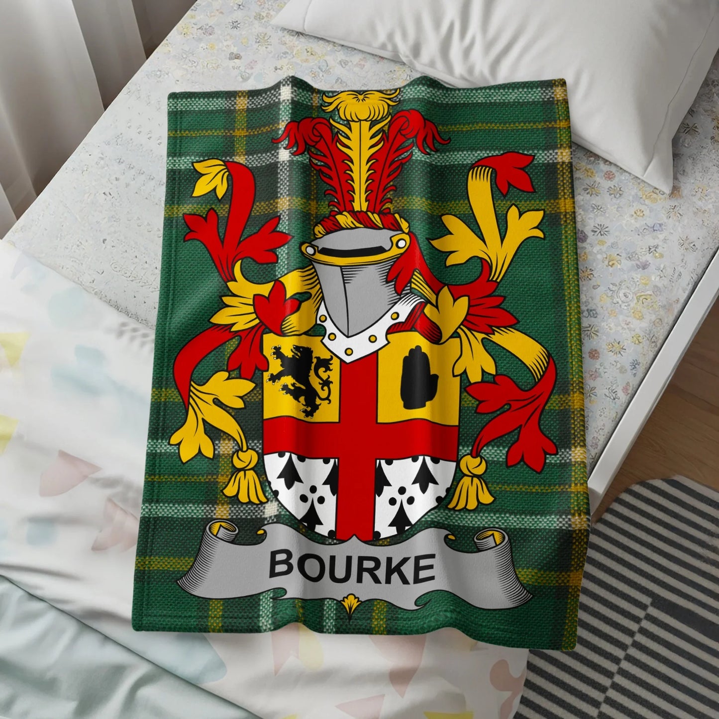 Bourke Family Crest Emblem on Plaid Blanket product