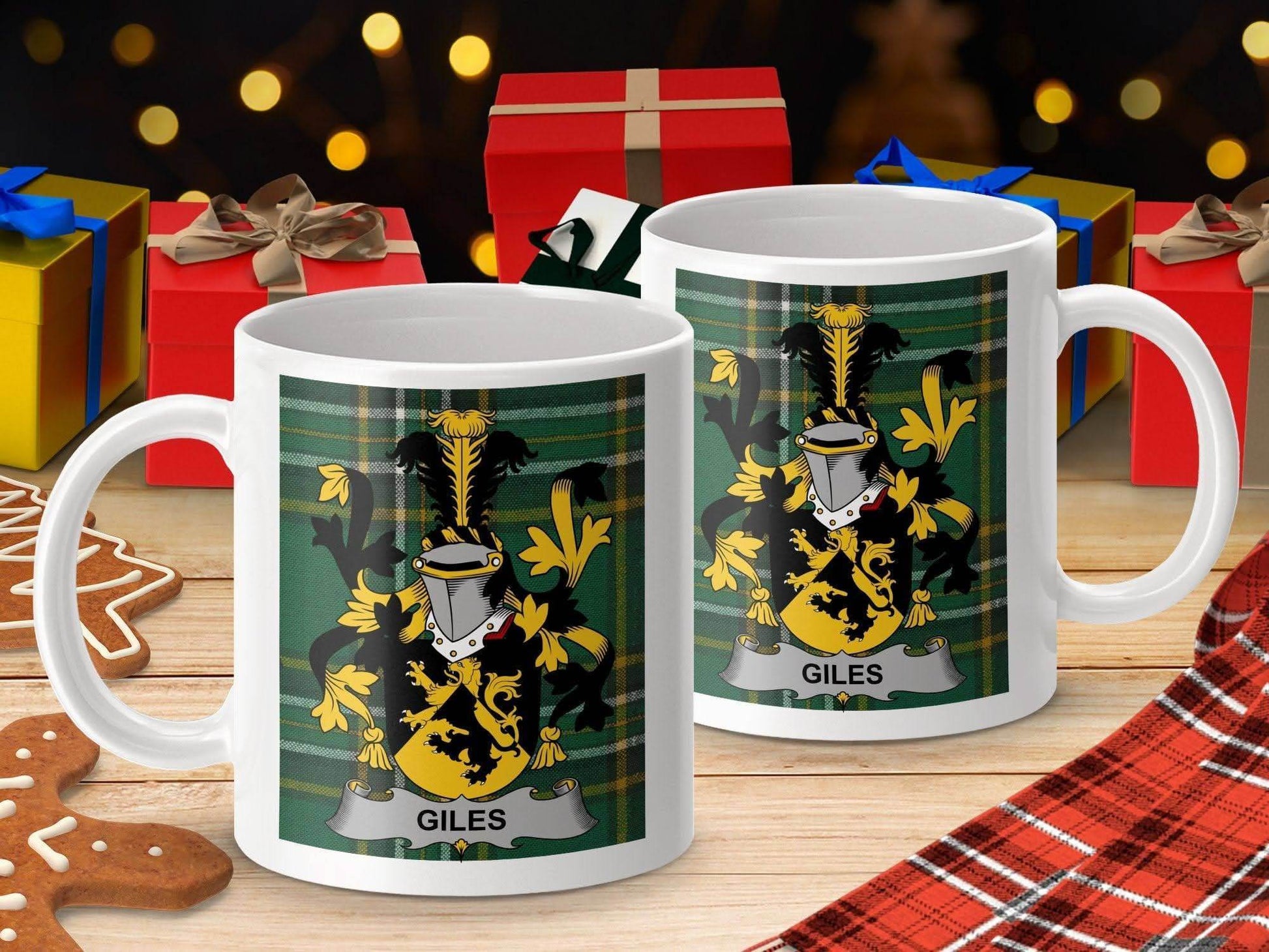 Giles Surname Family Crest Irish Tartan Mug - Celtic Ancestry Gifts