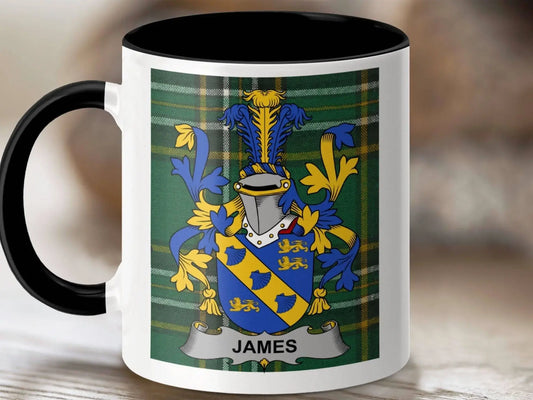 James Surname Family Crest Irish Tartan Mug - Celtic Ancestry Gifts