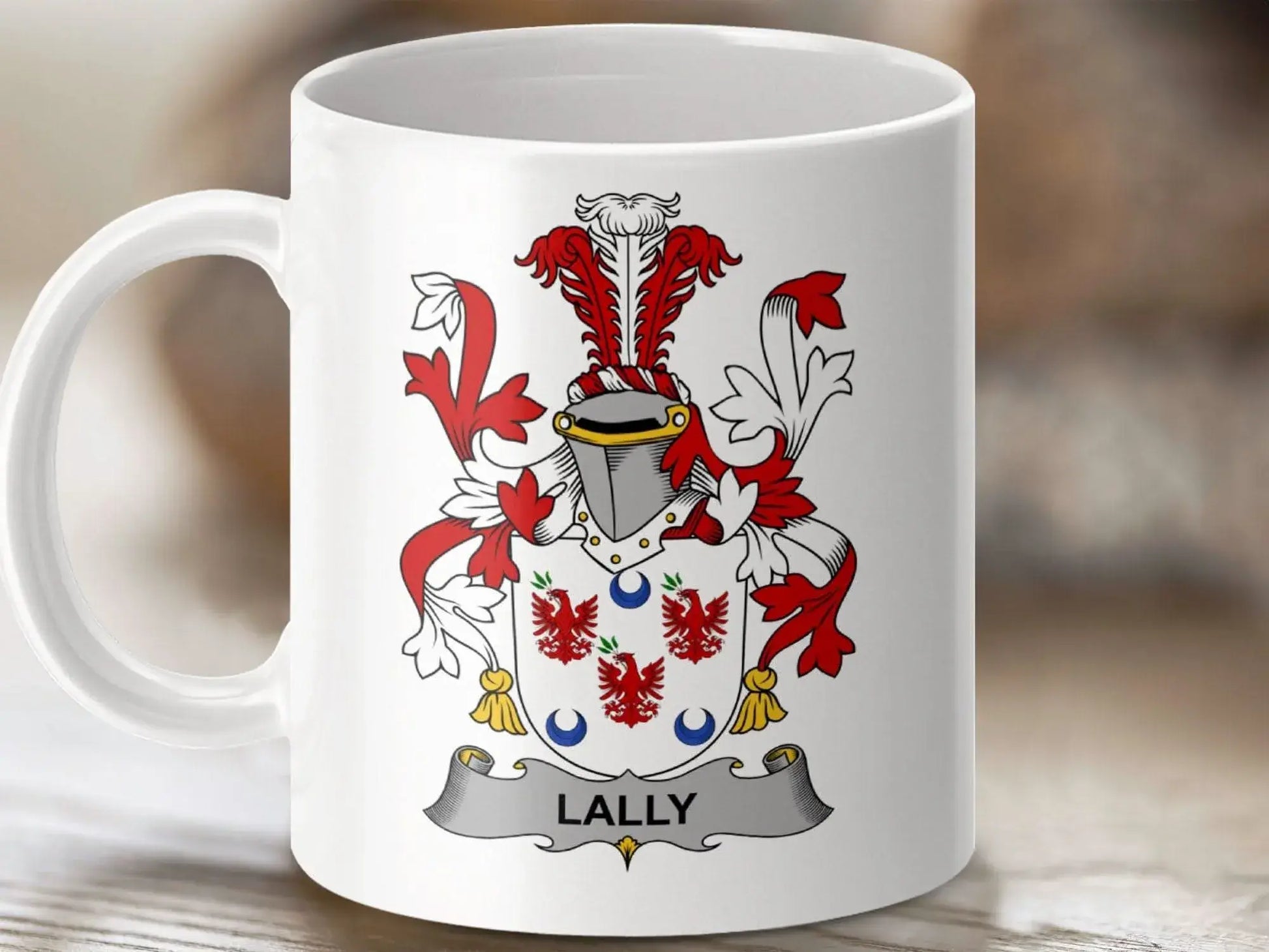Lally Surname Irish Coat Of Arms Family Crest Heraldry Mug - Celtic Ancestry Gifts