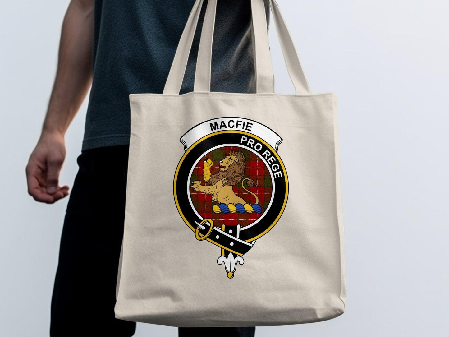 MacFie Clan Crest Scottish Tote Bag, Pro Rege Motto, Durable Canvas Bag with Heraldic Lion Design for Everyday Use