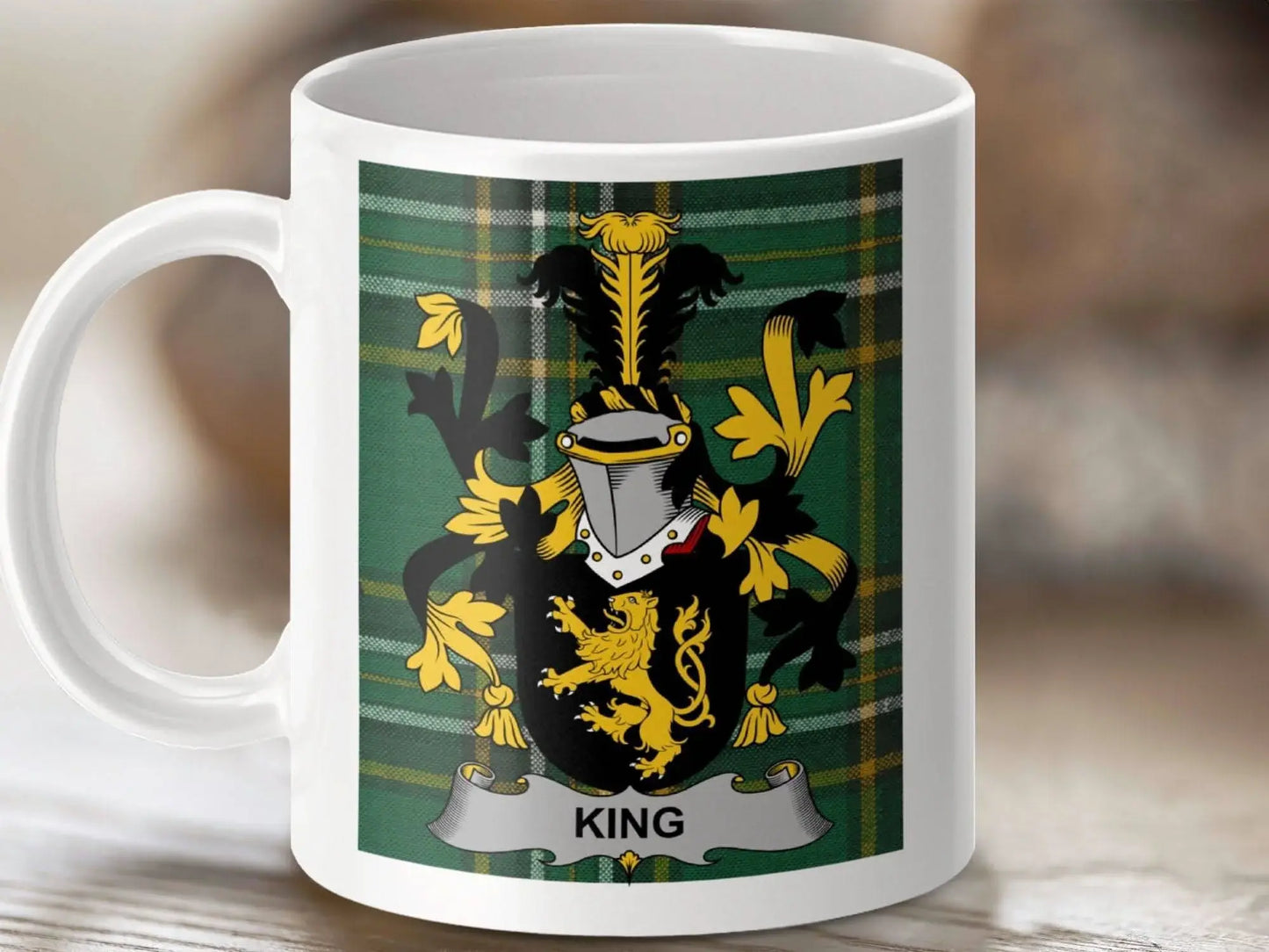 King Surname Family Crest Irish Tartan Mug - Celtic Ancestry Gifts