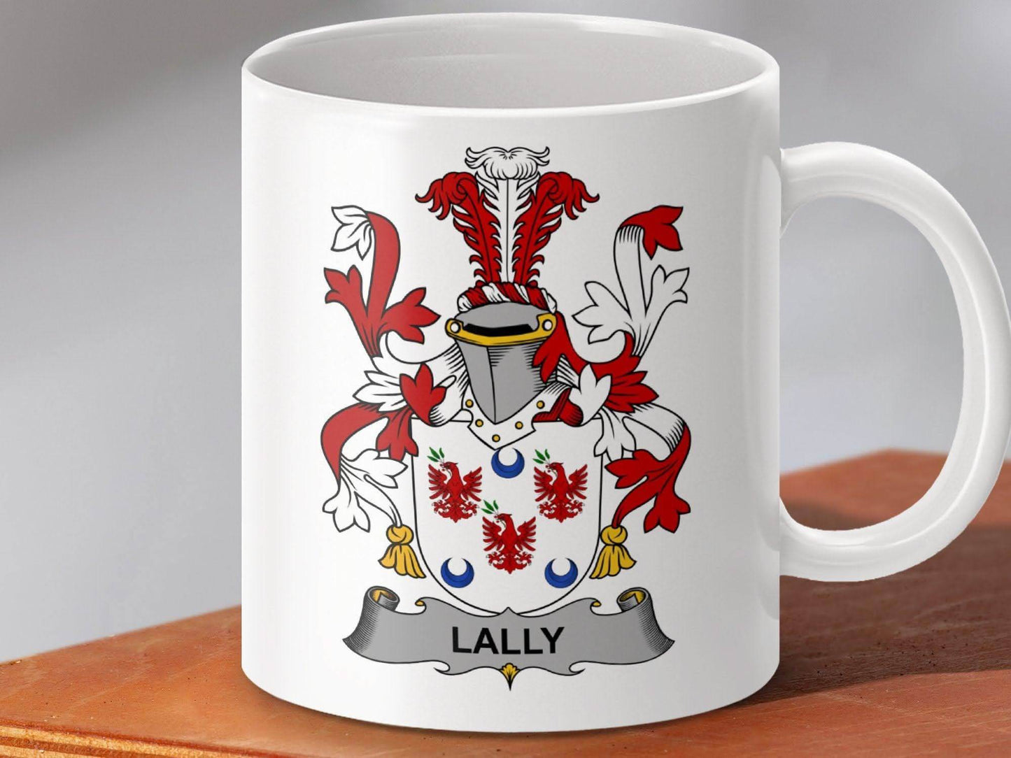 Lally Surname Irish Coat Of Arms Family Crest Heraldry Mug - Celtic Ancestry Gifts