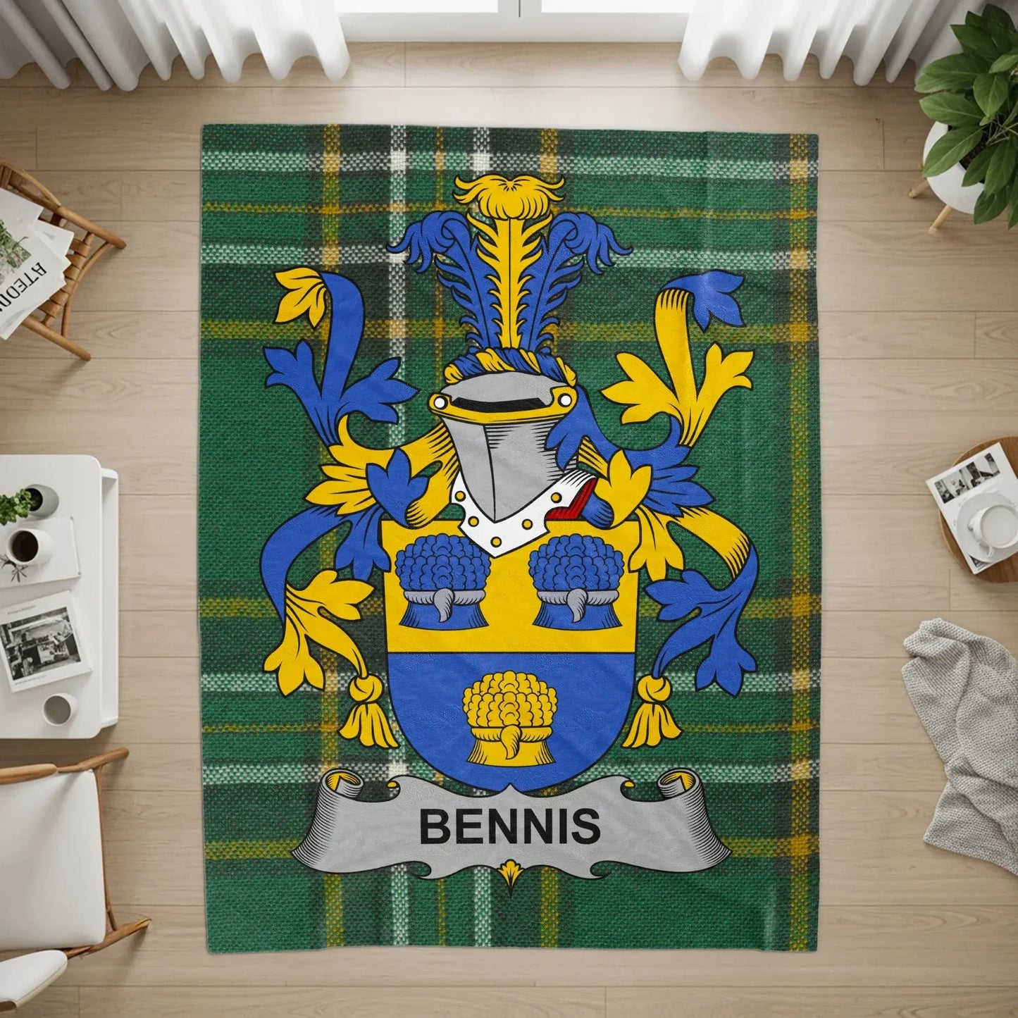 Bennis Family Crest Emblem Green Tartan Rug product