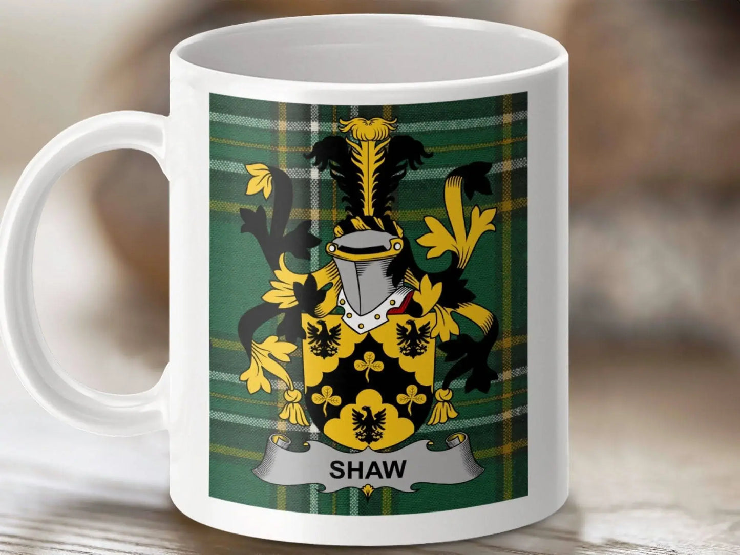 Shaw Surname Family Crest Irish Tartan Mug - Celtic Ancestry Gifts
