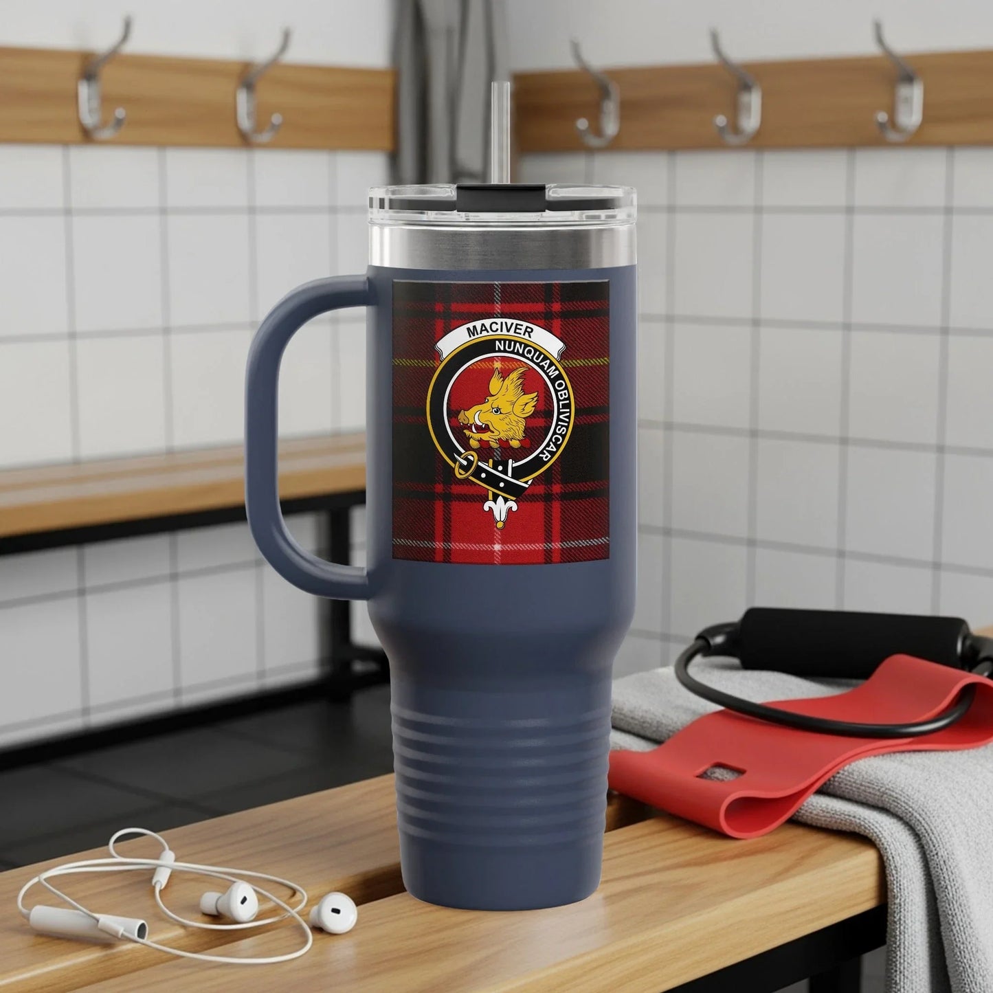 Large Navy Travel Mug with Clan MacIver Crest product type