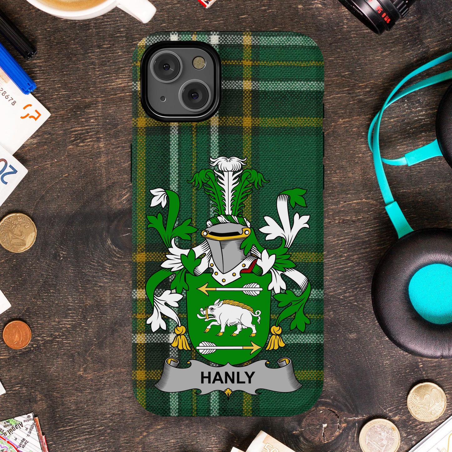 Green Plaid Pattern with Hanly Family Crest phone case product