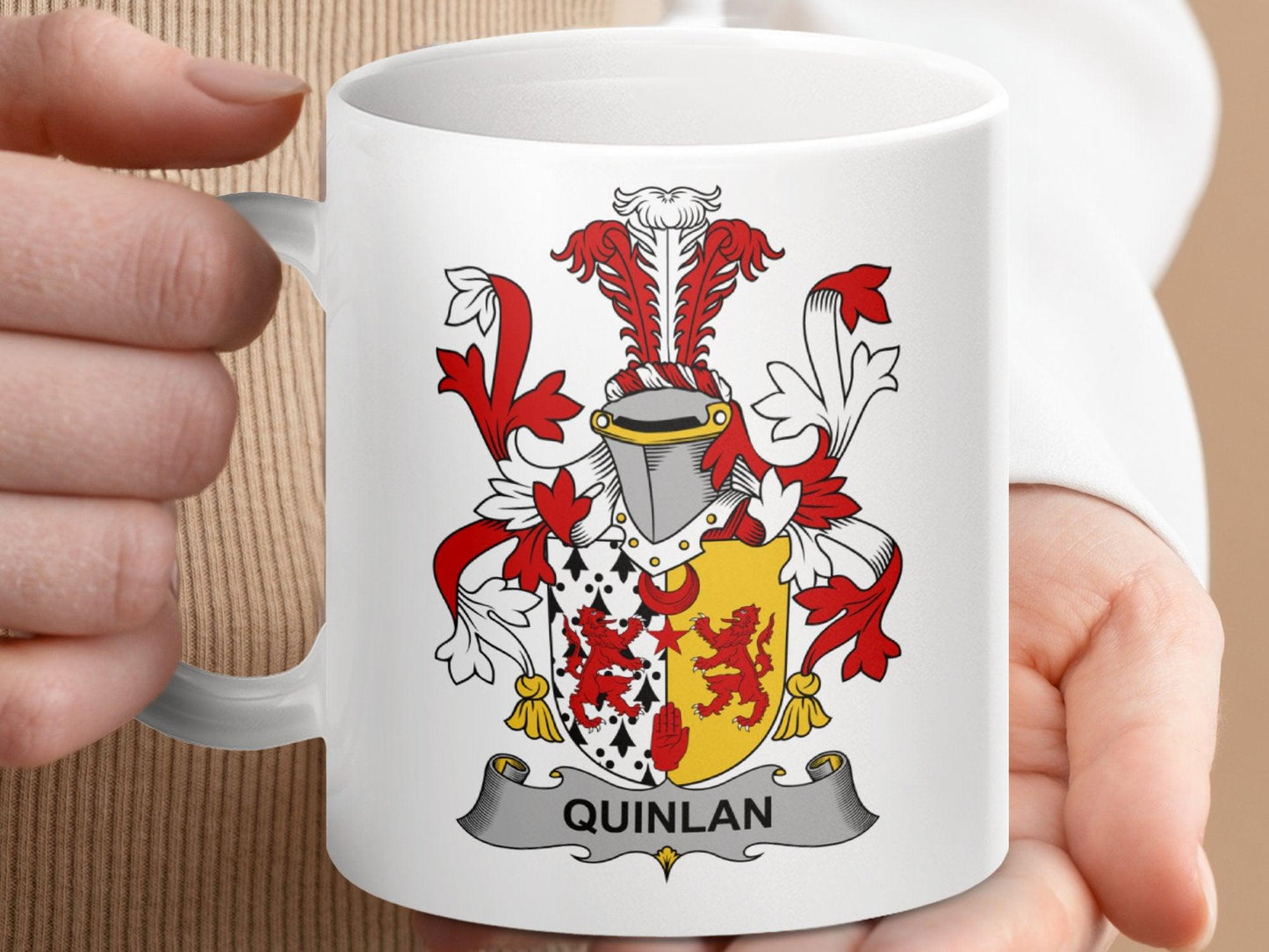 Quinlan Family Crest Coat Of Arms Shield Mug - Celtic Ancestry Gifts