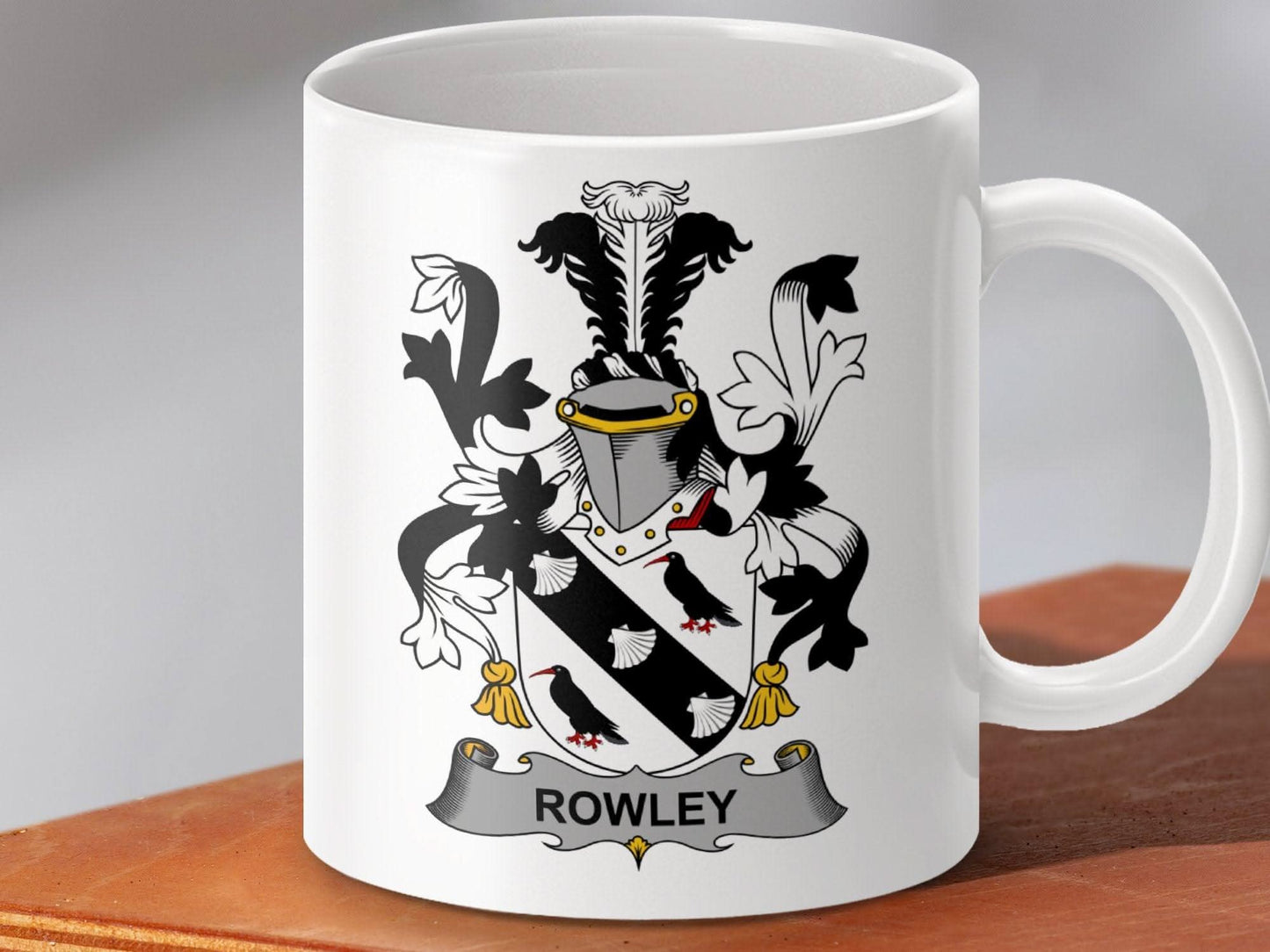 Rowley Family Heraldic Coat of Arms Crest Mug - Celtic Ancestry Gifts