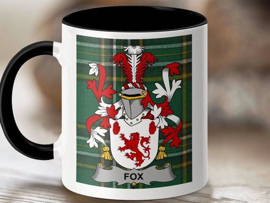 Fox Surname Family Crest Irish National Tartan Mug - Celtic Ancestry Gifts